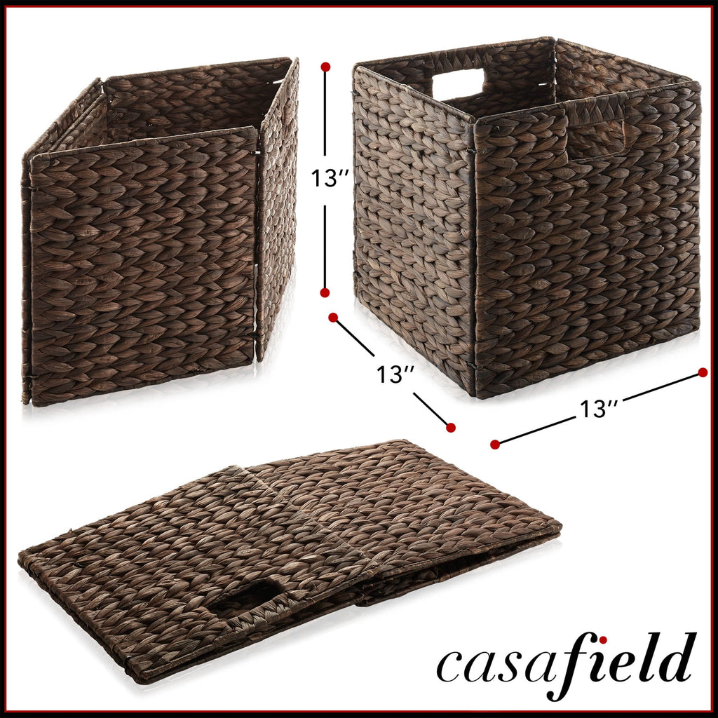 13" x 13" Water Hyacinth Storage Baskets, Natural - Set of 2 Collapsible Cube Organizers, Woven Bins for Bathroom, Bedroom, Laundry, Pantry, Shelves