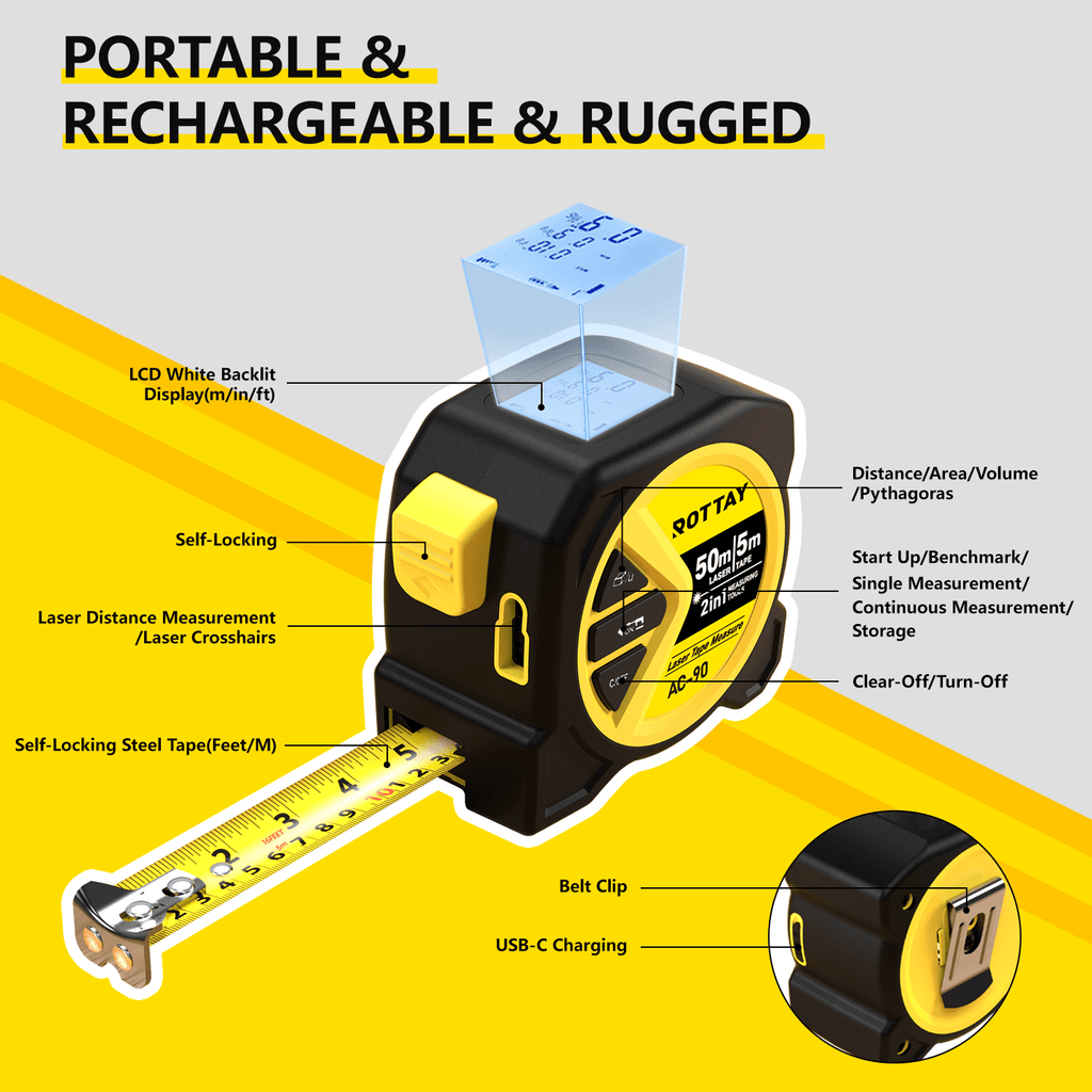 Digital Tape: 16ft 2-In-1 Laser Tape, Measuring Tape Almighty, 164ft Infrared Laser Tape Measure Type-C, LCD Diaplay ... - Image 6