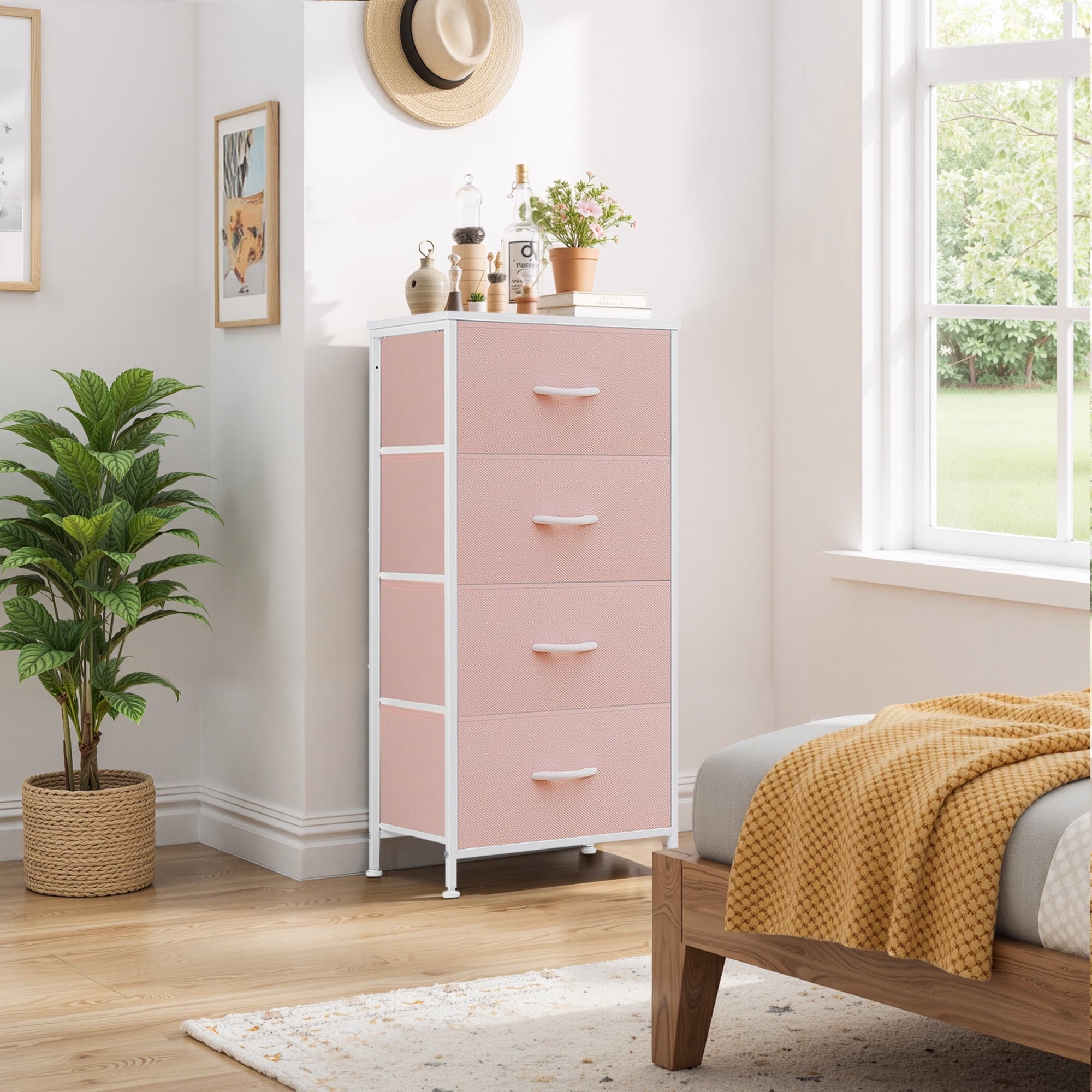 Dresser, Storage Organizer with 4 Drawers for Bedroom, Nightstands with Sturdy Metal Frame, Wood Tabletop for LivingRoom, Entryway,Black
