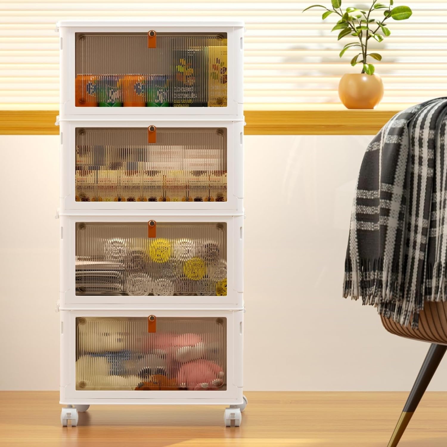 Rolling Wheeled Plastic Storage Bins with Lid, 4-Tier Folding Storage Containers, 92 Qt Capacity