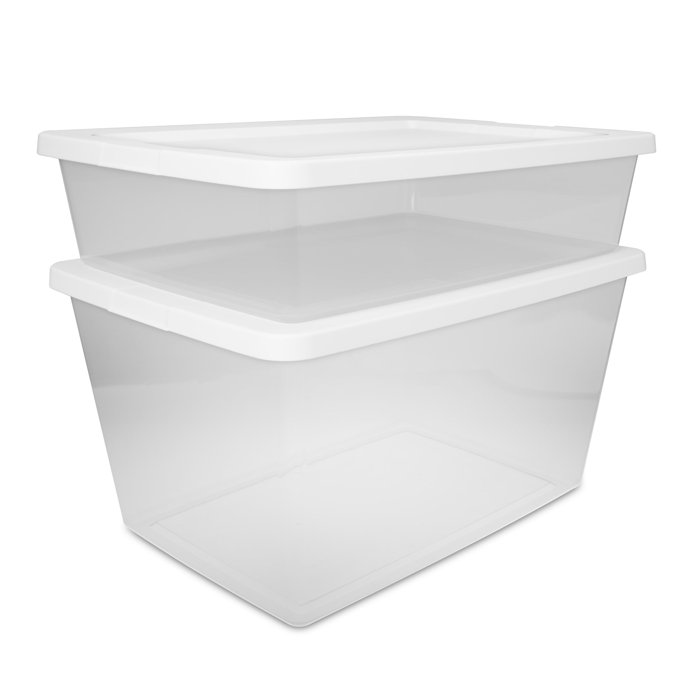Set of (2) 28 Quart Storage Bins, Clear Plastic Storage Bin with Snap-on Lid, White