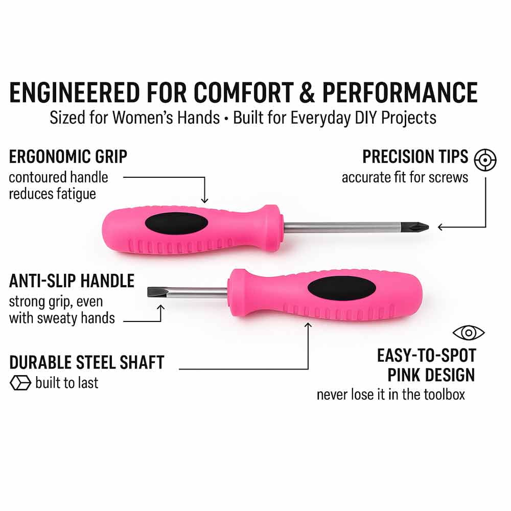 2 PC Ladies Pink Screwdriver Set Phillips Slotted Flat Head Womens Home Tools - Image 4