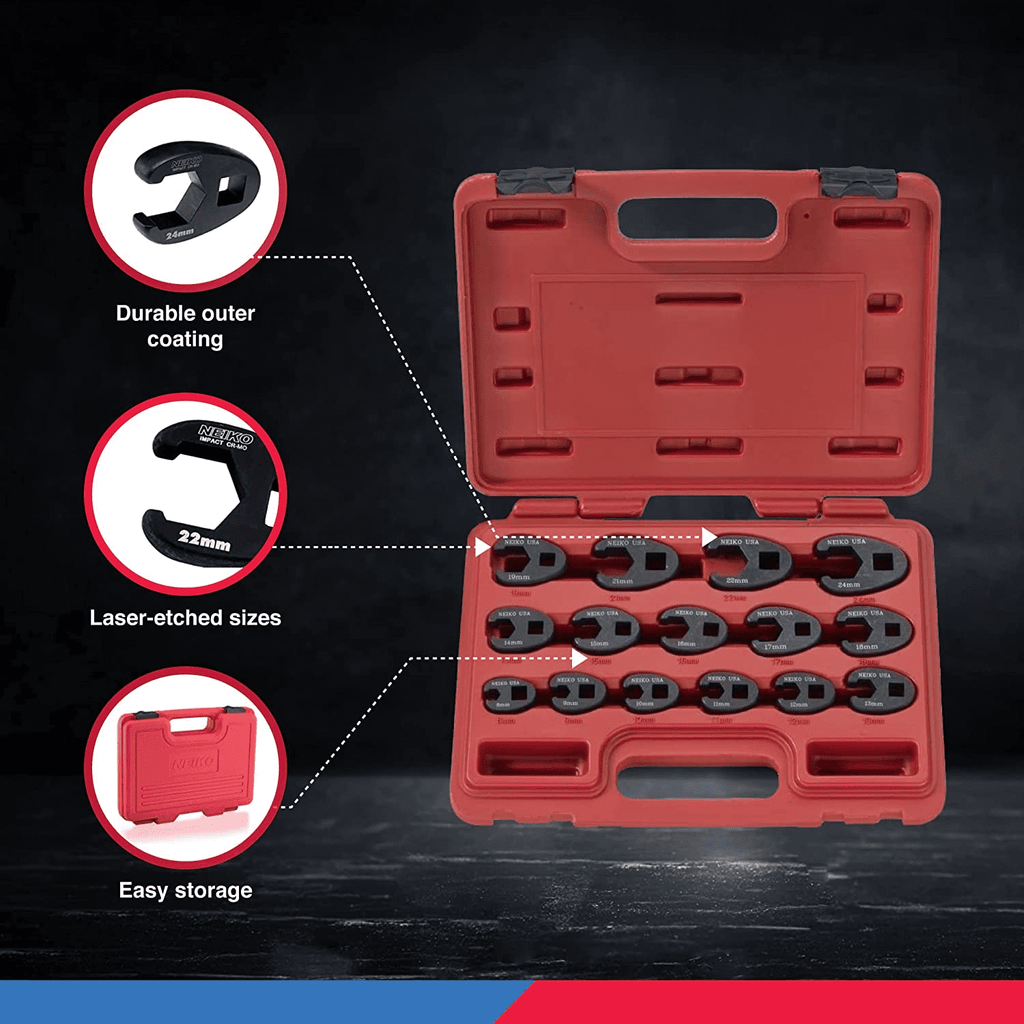 Neiko 03324A Crowfoot Wrench Set 1/2" and 3/8 Drive, 15 Piece, Metric Crows Foot Wrench Sizes 8mm-24mm, Chrome-Moly Flare Nut Wrench Set - Image 3