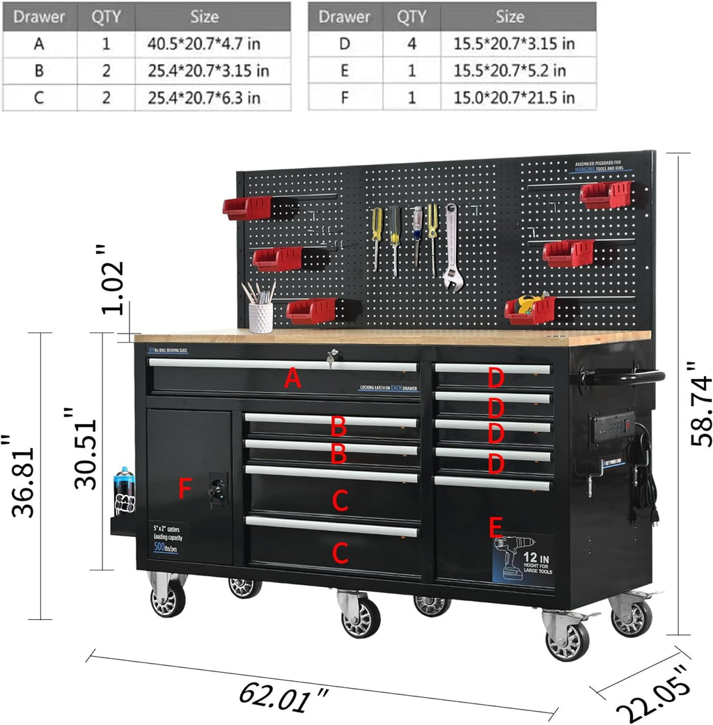 61-inch Rolling with Wheels, 10 Drawers, Multifunctional Cart Mechanic Storage Cabinet for Garage, Assembled Large Bo... - Image 3