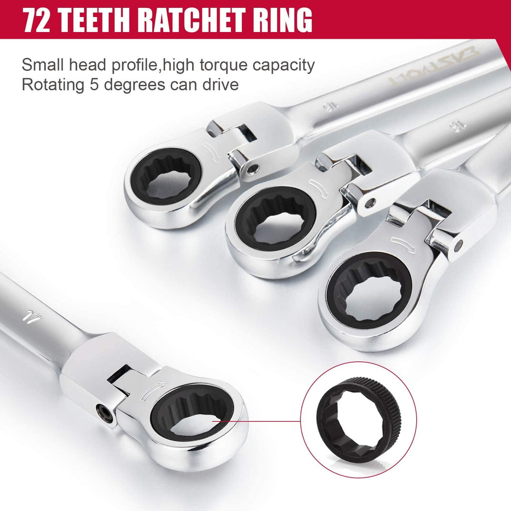 Eastvolt 12 Pieces Flex Head Ratcheting Wrench Set, Metric 8mm-19mm, Combination Ended Spanner kits, Chrome Vanadium Steel with Toolbox - Image 5