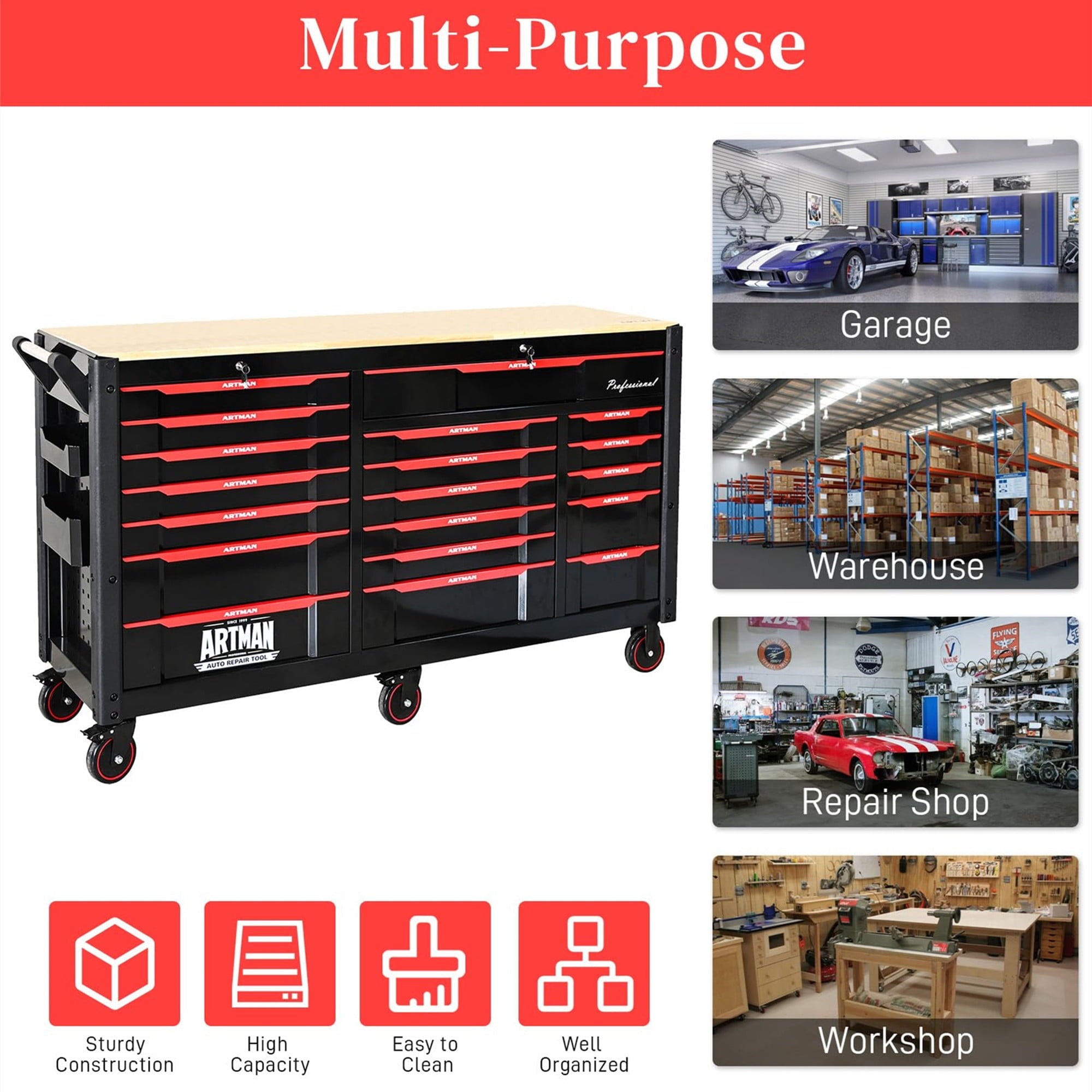 65" Oversized Tool Box, 19-Drawer Rolling Tool Chest with Desktop & Lockable for Garage - Image 5