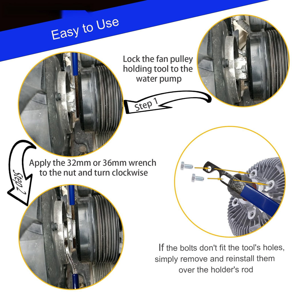 Professional Fan Clutch Removal Tool Kit with 32mm & 36mm Wrench Set and Water Pump Pulley Holder for , Ford, GM, Dod... - Image 6