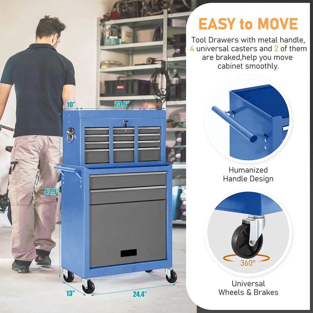 Tool Chest, 2 in 1 Steel Rolling Tool Box & Cabinet on Wheels for Garage, 8-Drawers, Blue&Gray - Image 5