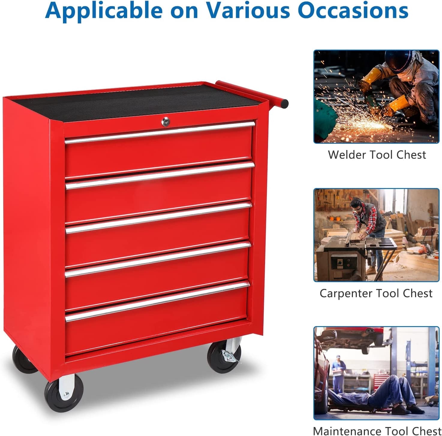 TUFFIOM 5-Drawer Rolling Tool Chest with Lock & Key, Tool Storage Organizer Box Cabinet with Wheels - Image 6