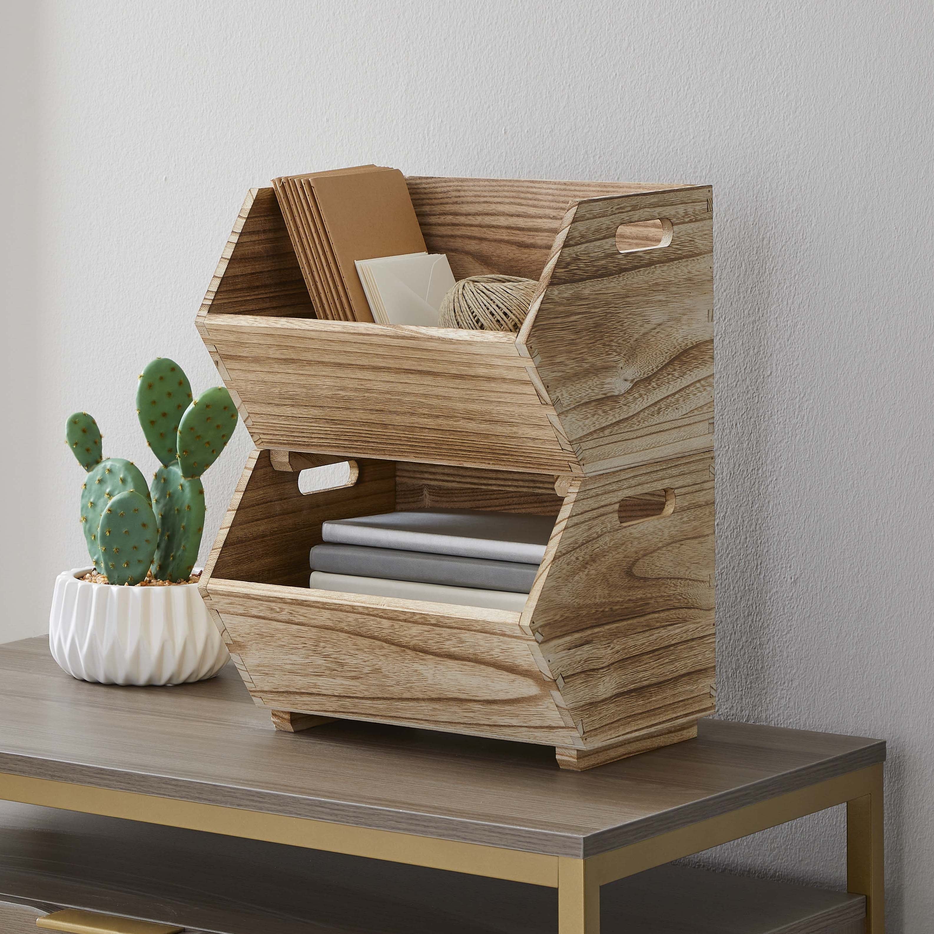 Better Homes &amp; Gardens 2-Piece Set Natural Wood Stacking Open Front Decorative Storage Bins, 11 in x 16.5 in x 10 in