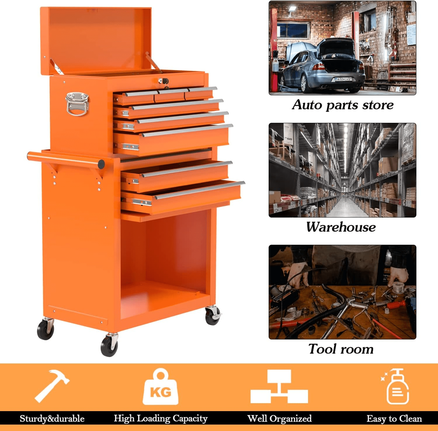 8-Drawer on wheels, Rolling Chest & Cabinet Large Capacity with , Lockable Organizer for Garage Workshop Warehouse, H... - Image 6