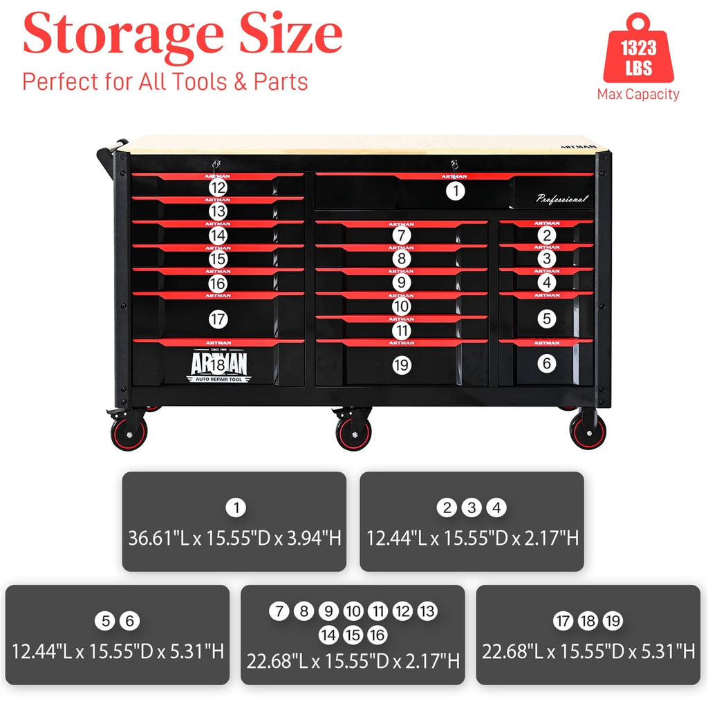 65" Oversized Tool Box, 19-Drawer Rolling Tool Chest with Desktop & Lockable for Garage - Image 4