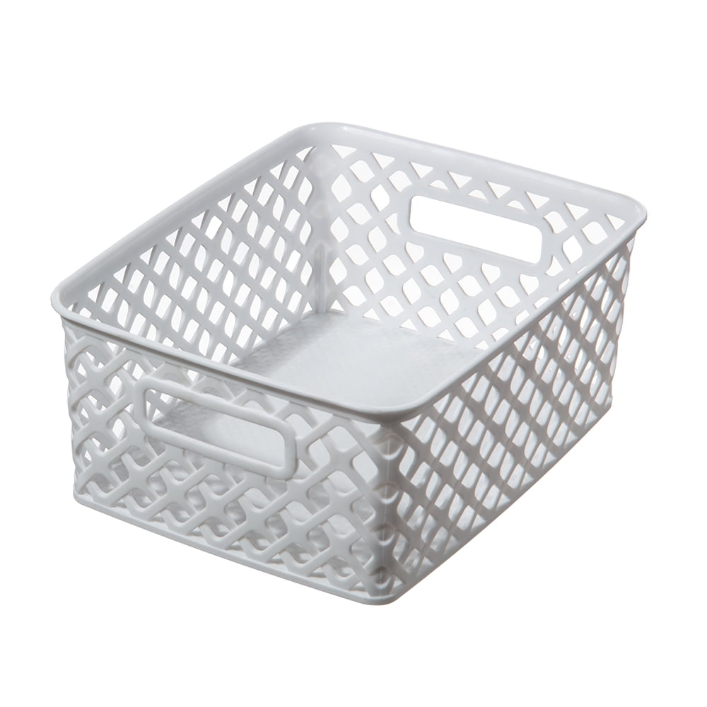 Small White Decorative Plastic Storage Basket, 10 in x 8 in x 4 in