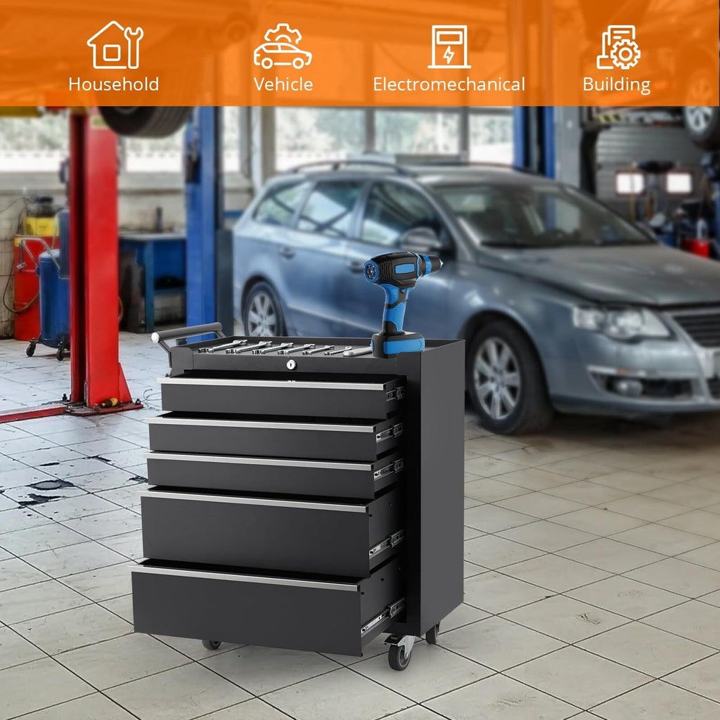 Metal Tool Box, Portable Tool Chest with Wheels and 5 Drawers for Garage, Workshop, Black - Image 3