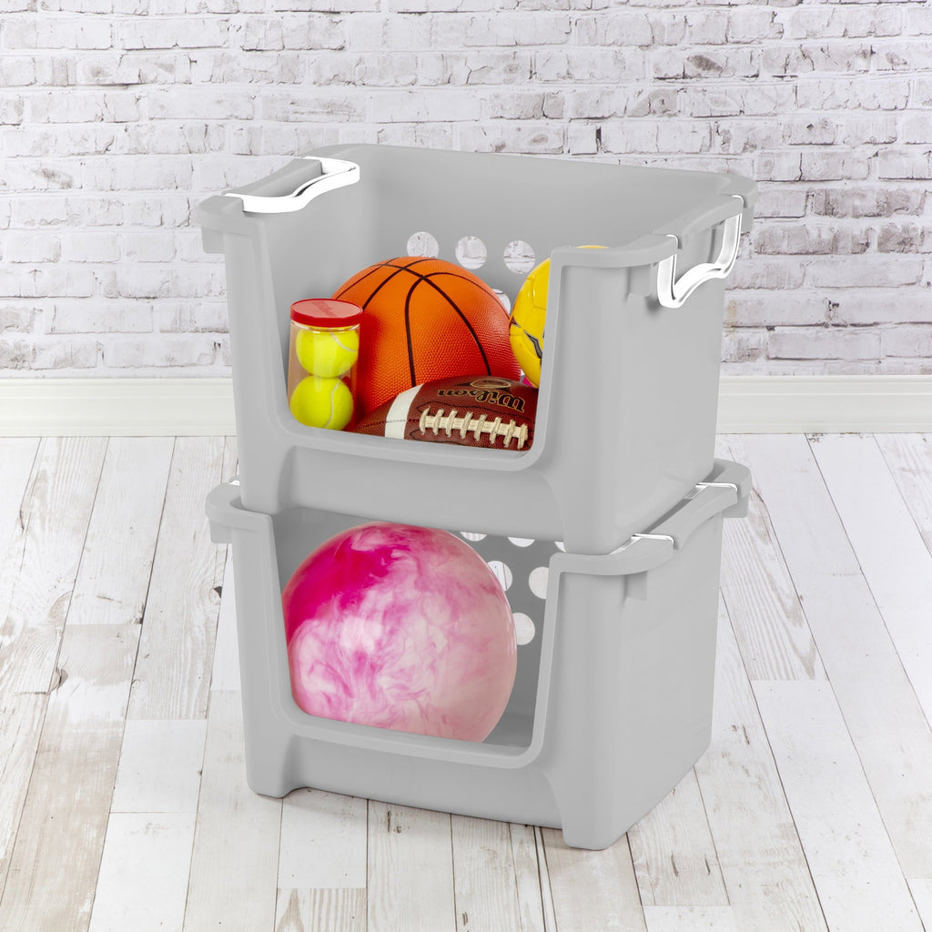 Kids Grey Open Front Stacking Toy Storage Bin with Handles, Grey