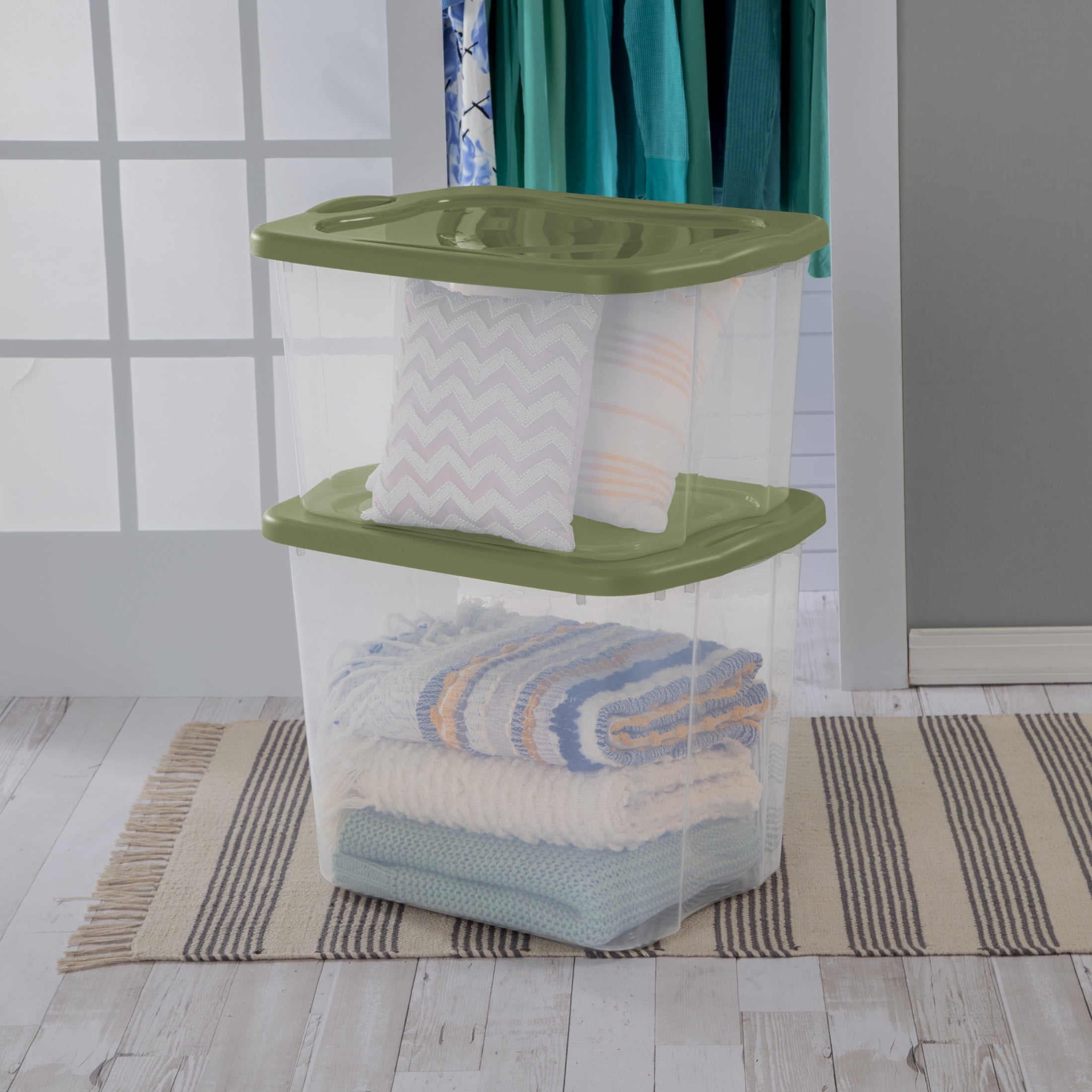 EZ Carry 70 Quart Large Storage Bin, Clear Plastic Storage Container with Full-Grip Handles, Green