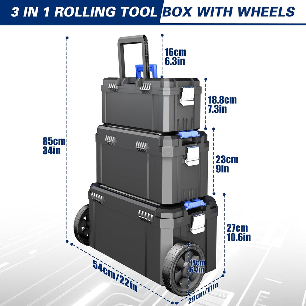 3 IN 1 Rolling Tool Box With Wheels,Stackable Modular Tool Storage Organizer & Removable Small Parts Trays for Garage Workshop Home Storage - Image 2