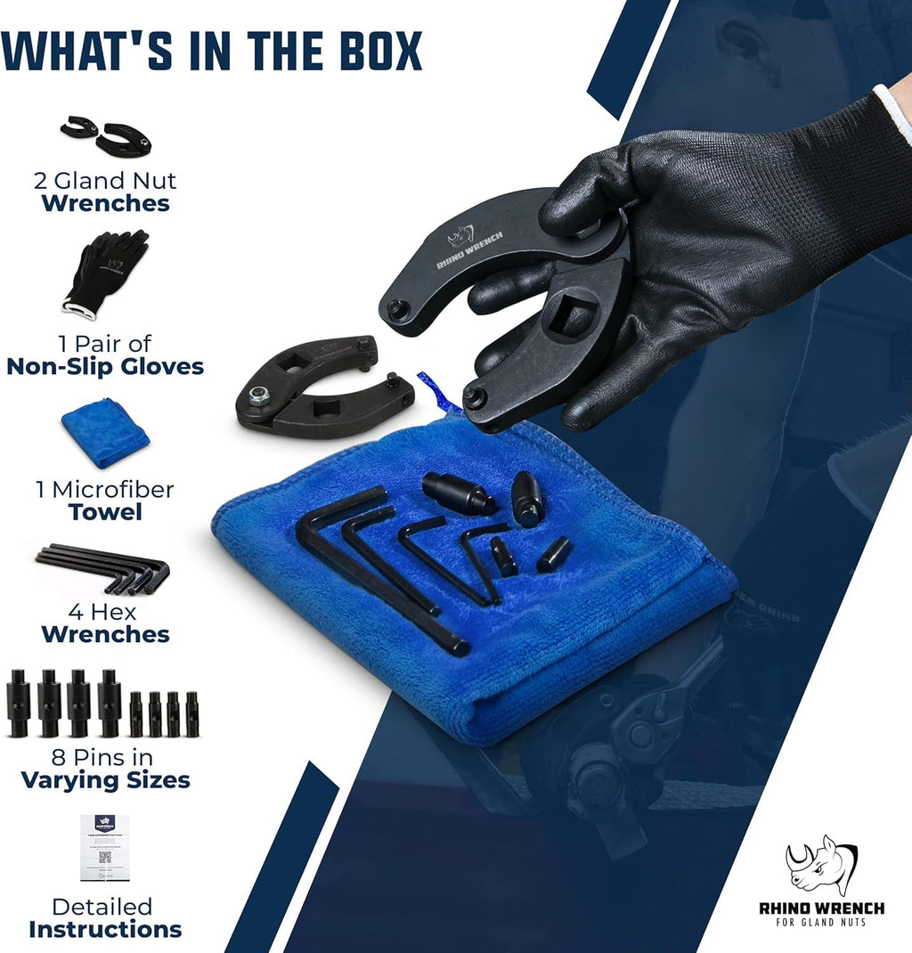 Rhino Gland Nut Wrench Set, 2-Piece Adjustable Hydraulic Cylinder Spanner Wrench Kit w/ Gloves, Microfiber Towel, Pins & Allen Wrenches - Image 3