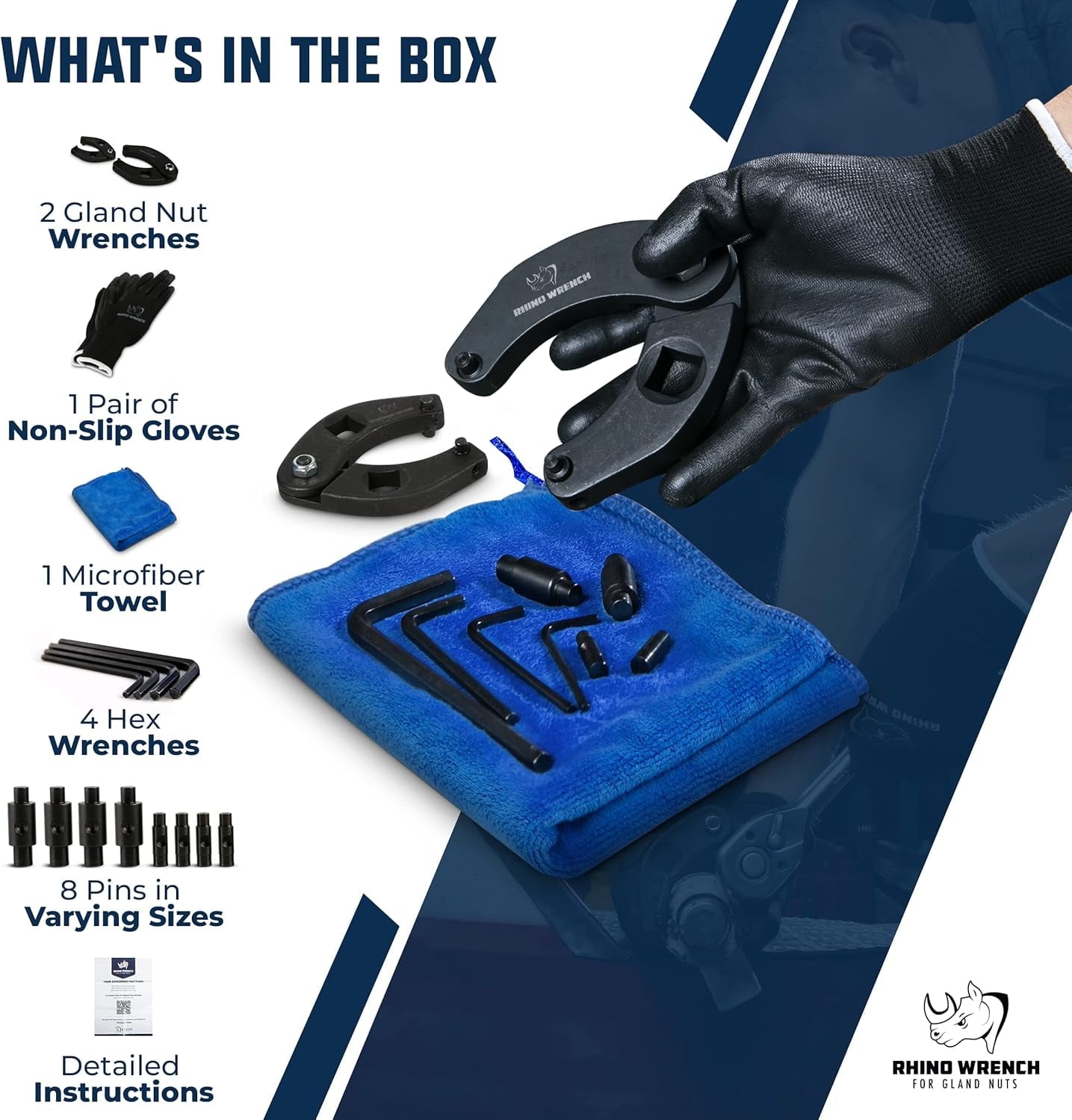 Rhino Gland Nut Wrench Set, 2-Piece Adjustable Hydraulic Cylinder Spanner Wrench Kit w/ Gloves, Microfiber Towel, Pins & Allen Wrenches - Image 3