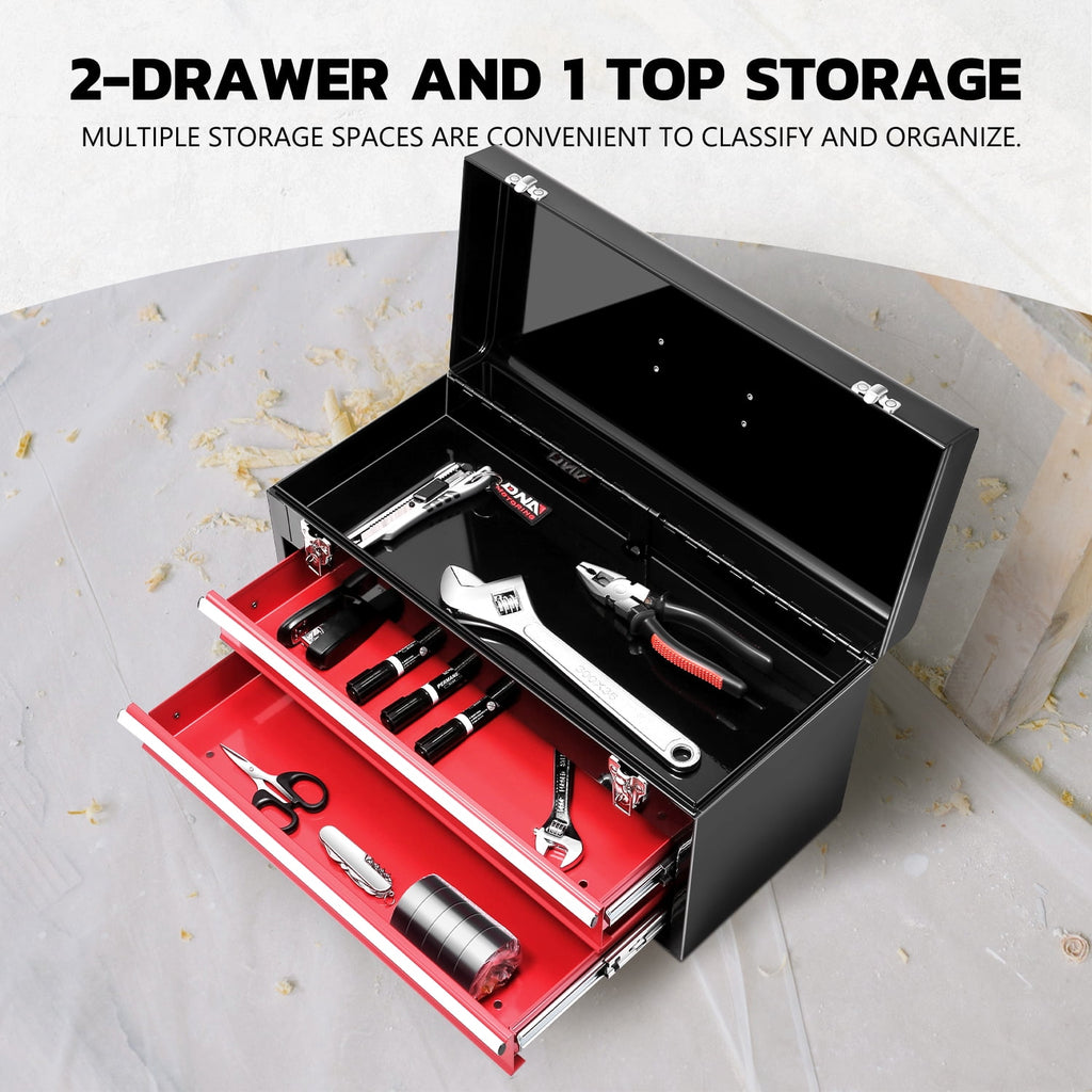 TOOLS-00408 20" 2 Drawers Sturdy Durable Flat Top Steel Portable Hand Carry Multiple Storage Tool Storage Box Red - Image 3