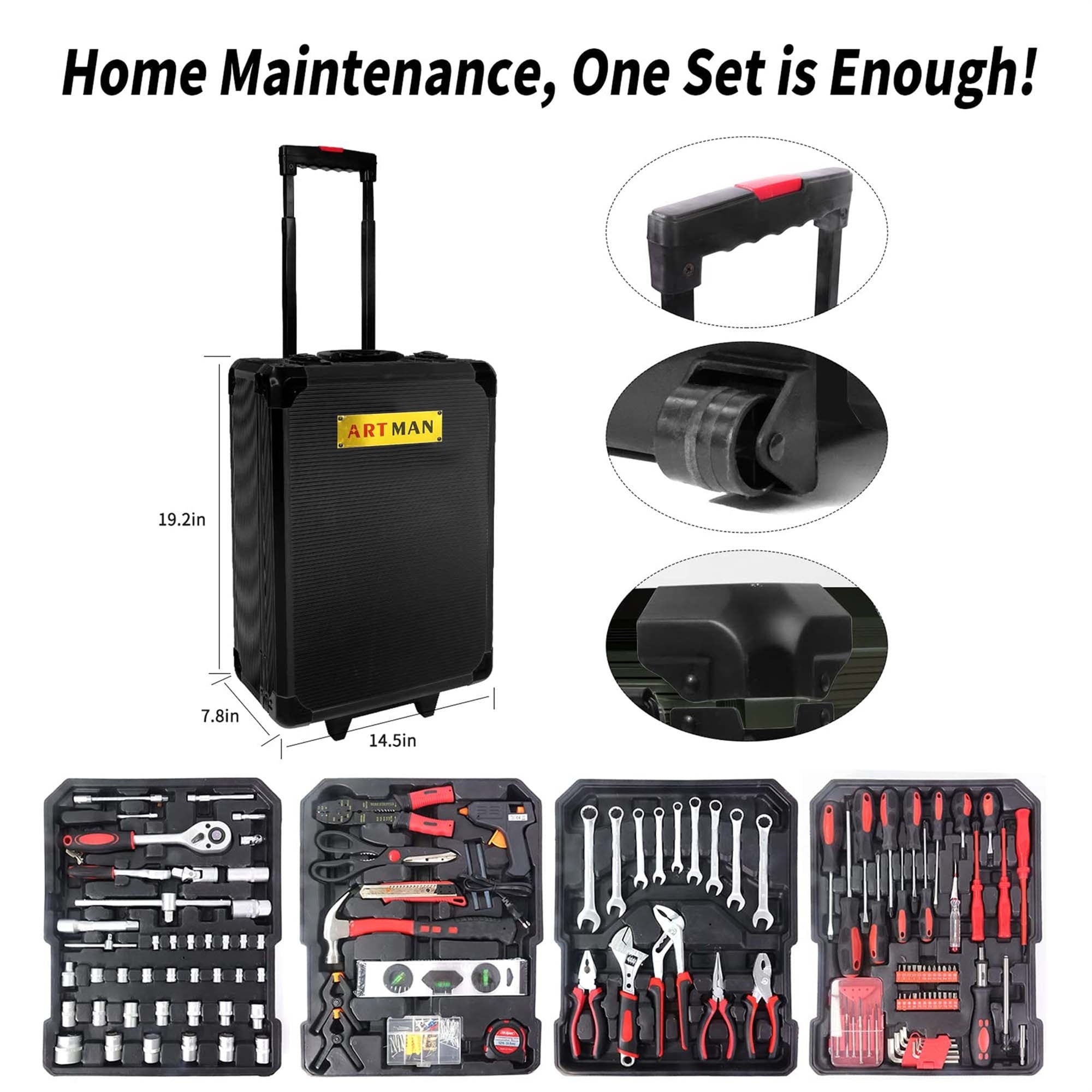 899 Pcs Tool Set, Household Tool Kit with Rolling Tool Box for Home Auto Repair, Black - Image 3
