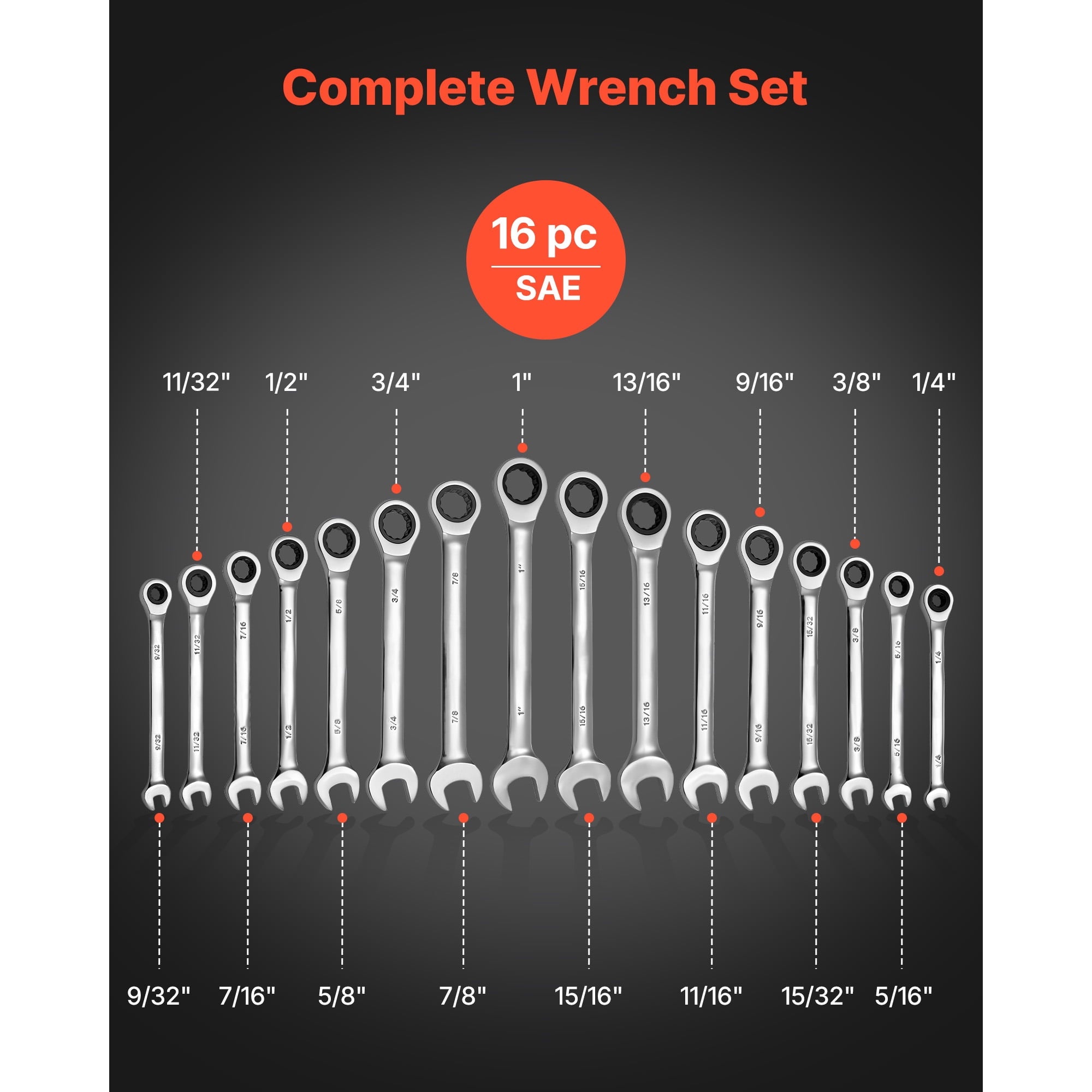 16-Piece SAE Ratcheting Wrench Set, Cr-V Steel Construction, 72-Tooth Design, Includes Roll-Up Pouch, Open-End Wrench... - Image 2