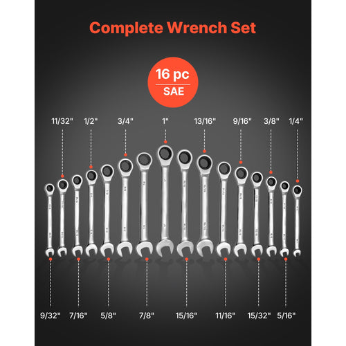 16-Piece SAE Ratcheting Wrench Set, Cr-V Steel Construction, 72-Tooth Design, Includes Roll-Up Pouch, Open-End Wrench... - Image 2