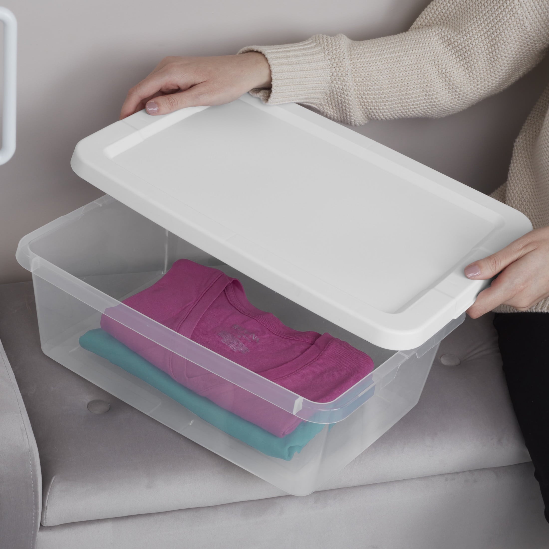 Set of (4) 12 Quart Storage Boxes, Clear Plastic Storage Bins with Snap-on Lid, White, 4 Pack