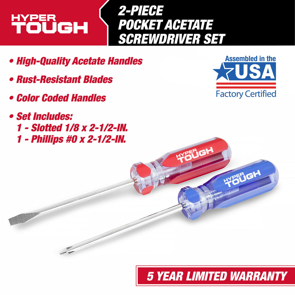 Hyper Tough 2-Piece Acetate Handle Mini Pocket Screwdriver, 4 1/2-inch Screwdriver Set, Includes 1 Phillips & 1 Flat Head - Image 2