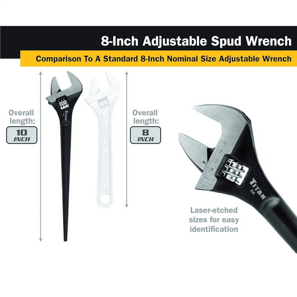 8 Inch Adjustable Chrome Vanadium Steel Construction Spud Wrench Head Size with 10 Inch Overall Length for Added Leve... - Image 2