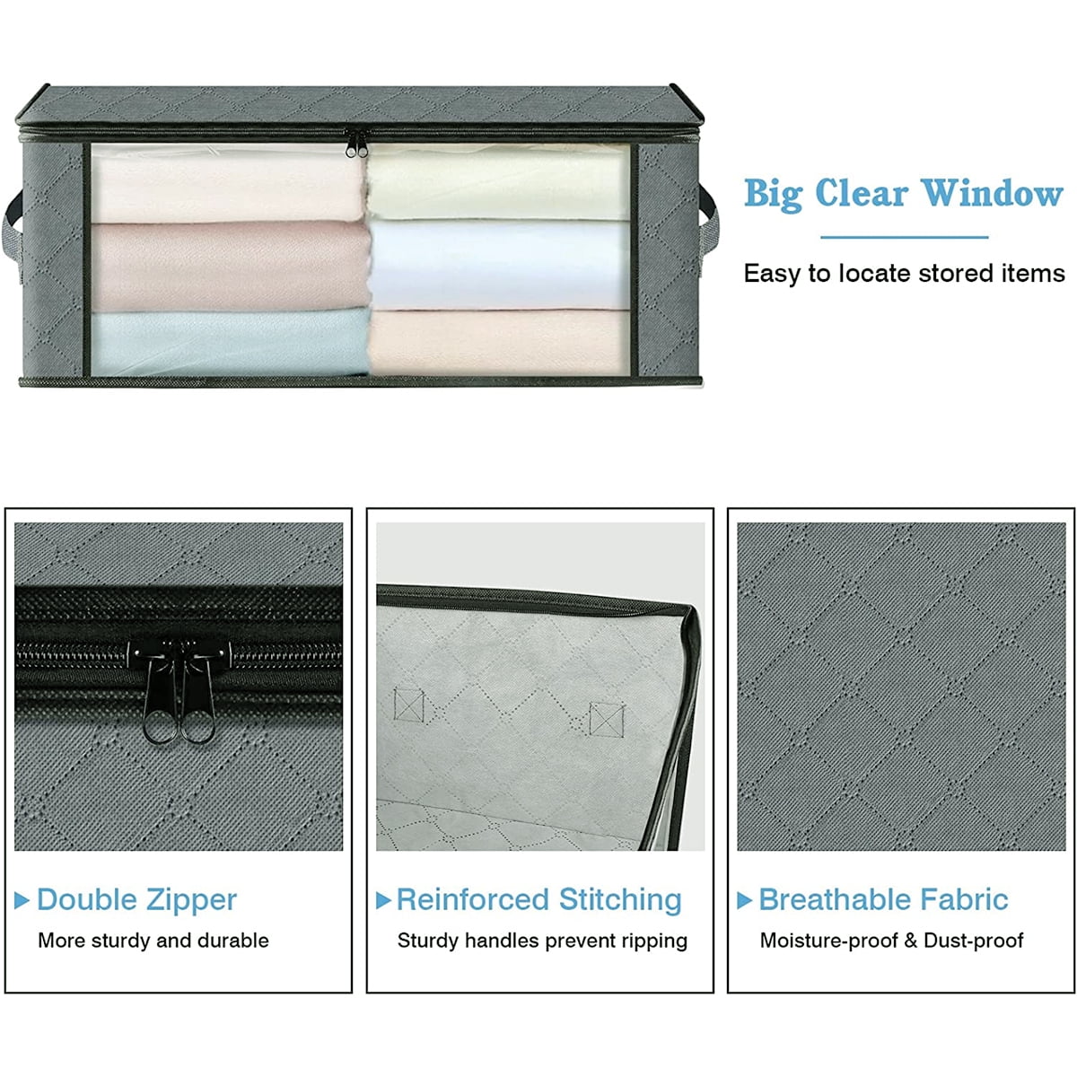 Storage Box, 6 Pack Clothes Organizer with Clear Windows, Sturdy Handles Storage Bag 19.7 x 13.78 x 7.87 inches, Gray