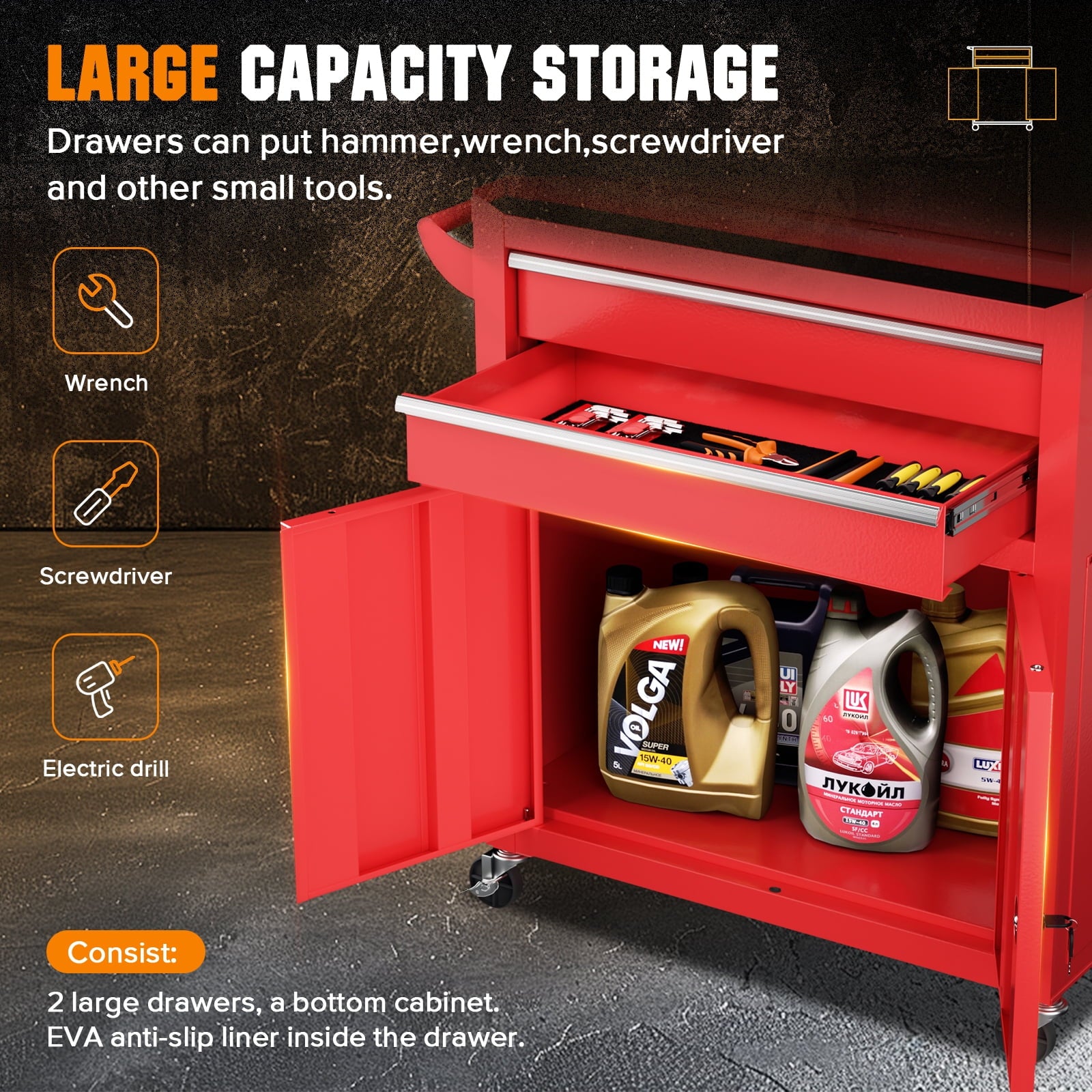 & Cabinet, Large Capacity 8-Drawer Rolling Box Organizer with Wheels Lockable, Red - Image 6