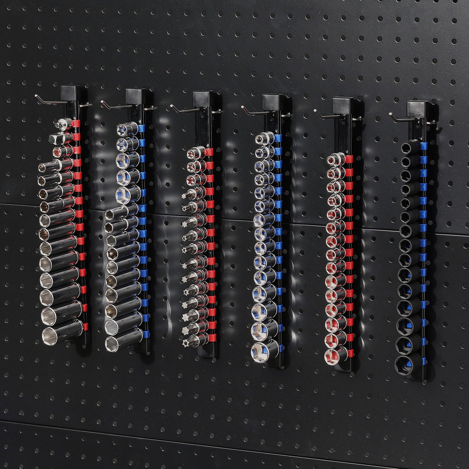 CASOMAN 12-Piece ABS Socket Organizer Set, Socket Holder Rail with 174 Clips, 1/4" 3/8" 1/2" Drive, Blue Red Black for Tool Box & Drawer Sto - Image 6