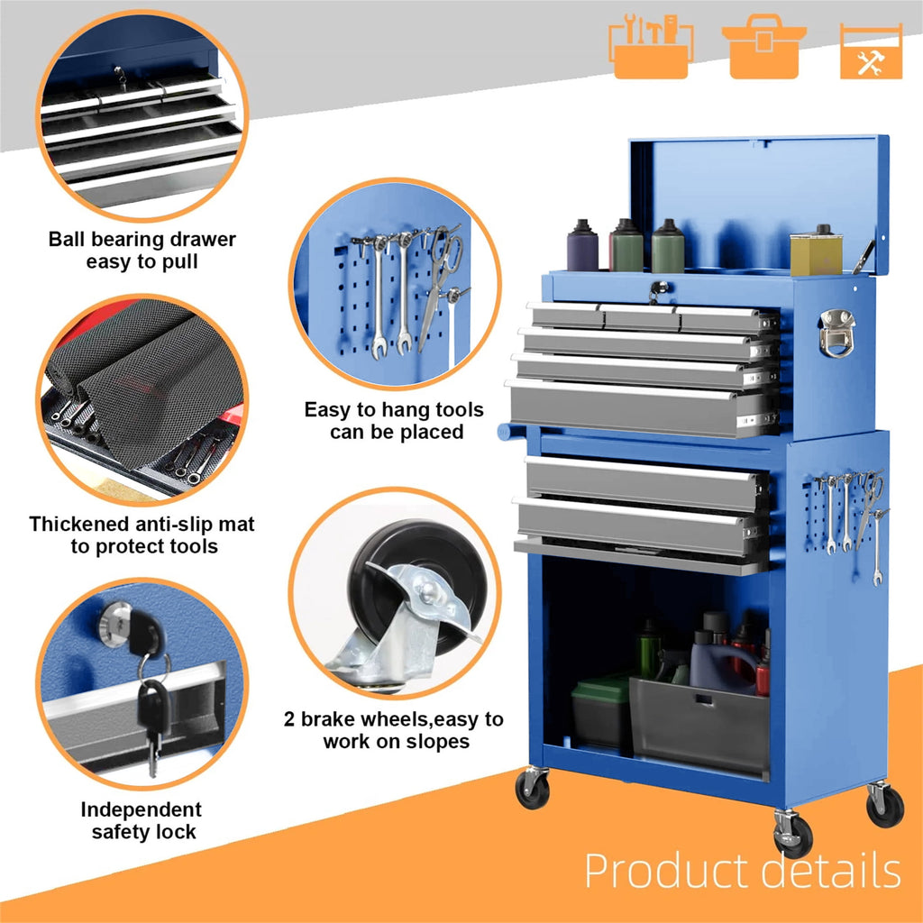 Tool Chest, 2 in 1 Steel Rolling Tool Box & Cabinet on Wheels for Garage, 8-Drawers, Blue&Gray - Image 3