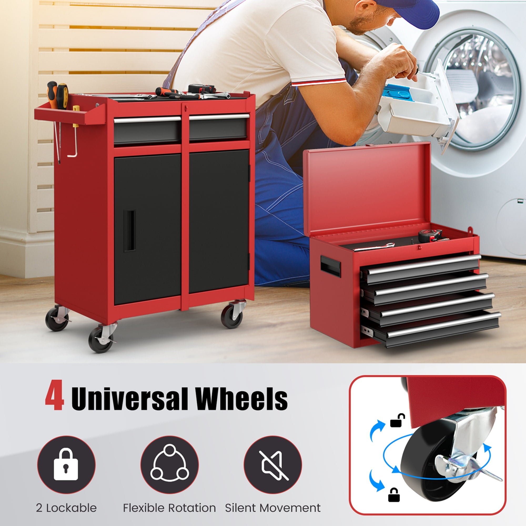 Costway 2 in 1 Tool Chest & Cabinet with 5 Sliding Drawers Rolling Garage Box Organizer - Image 5