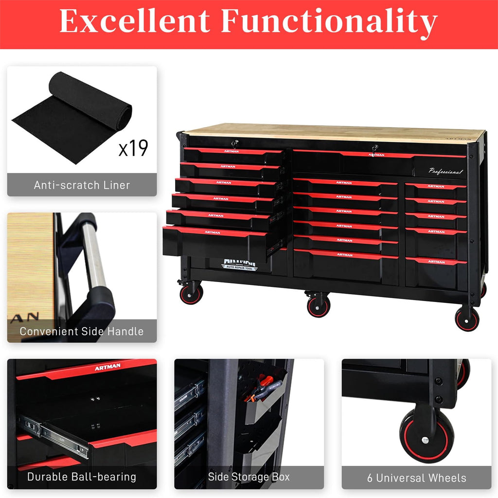 65" Oversized Tool Box, 19-Drawer Rolling Tool Chest with Desktop & Lockable for Garage - Image 6
