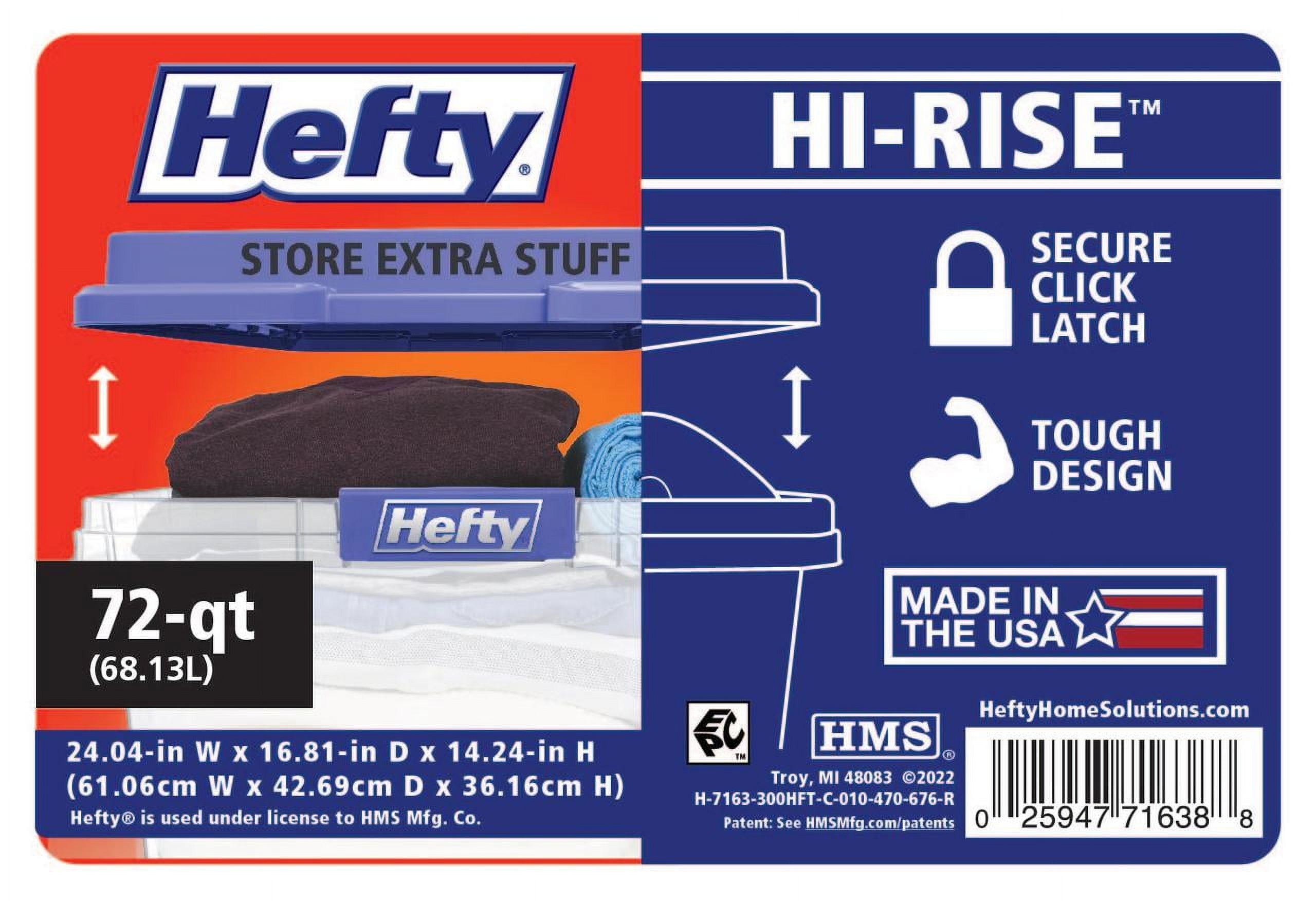 Hefty HI-RISE 72 Quart Large Latching Storage Bin, Clear Plastic Storage Container with HI-RISE Latch Lid, Blue