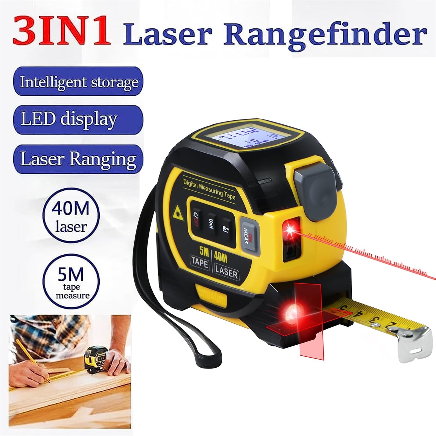 3 in 1 Digital Laser Tape Measure, 130ft/40m Laser Distance Meter, Auto Lock Measuring Tape Range Finder for Construc... - Image 2