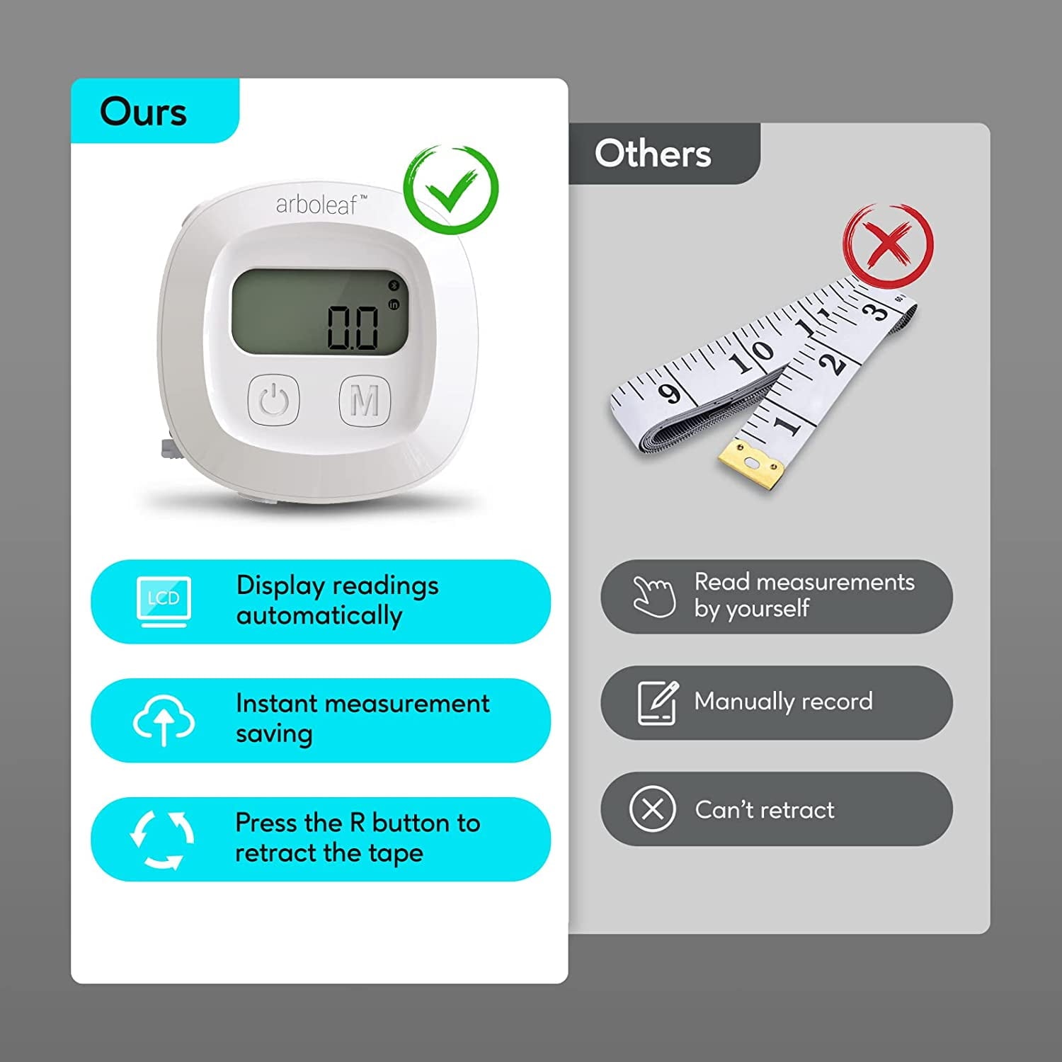 Smart Body Measuring Tape - Digital Fitness Tracker, Easy To Read - 60 In, White - Image 4