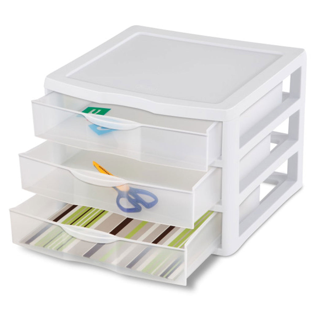 Wide 3 Drawer Unit, Clear Plastic Countertop or Desktop Drawers, White