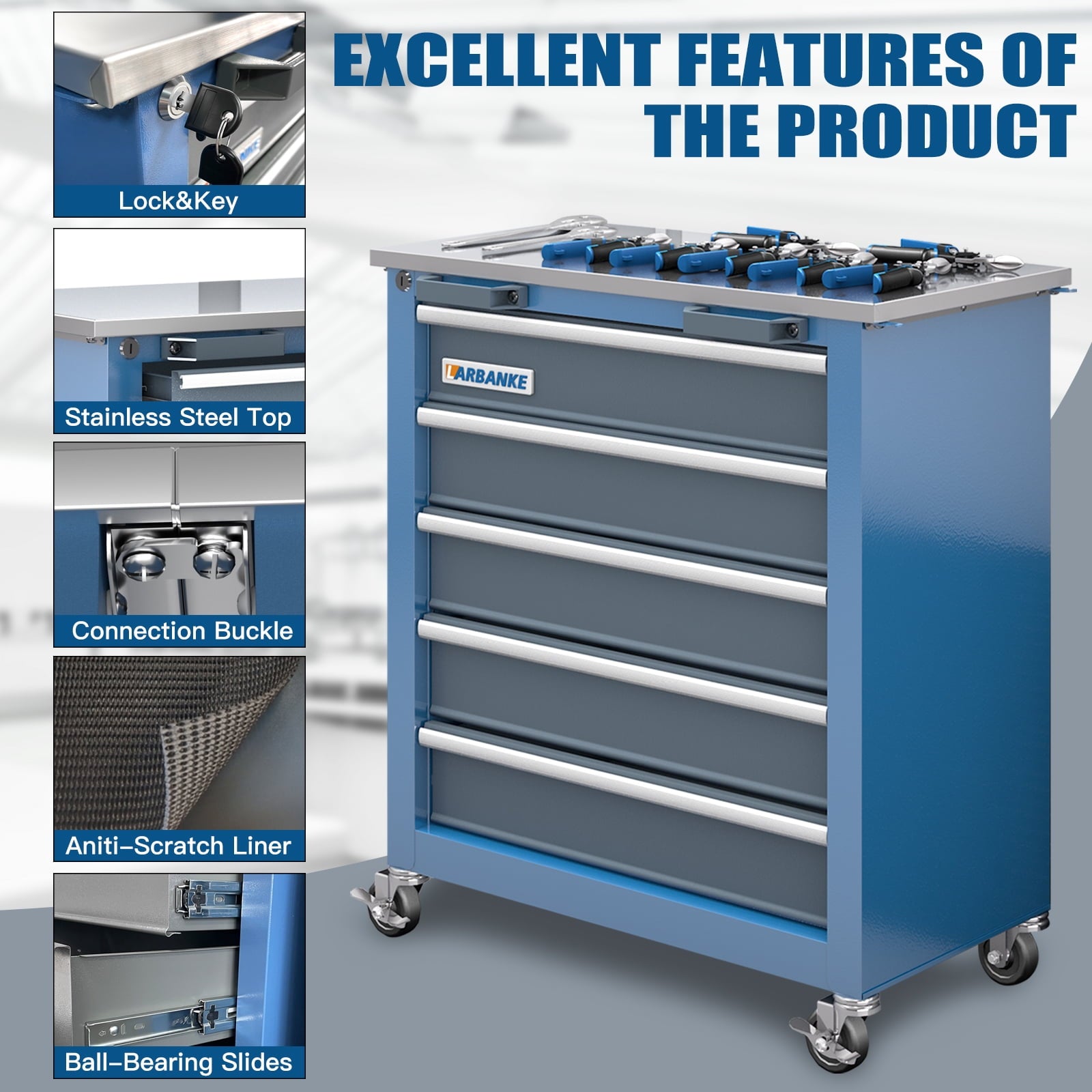 Rolling Tool Chest 5-Drawer Tool Cabinet with Stainless Steel Top Key Lock Heavy-Duty - Image 6