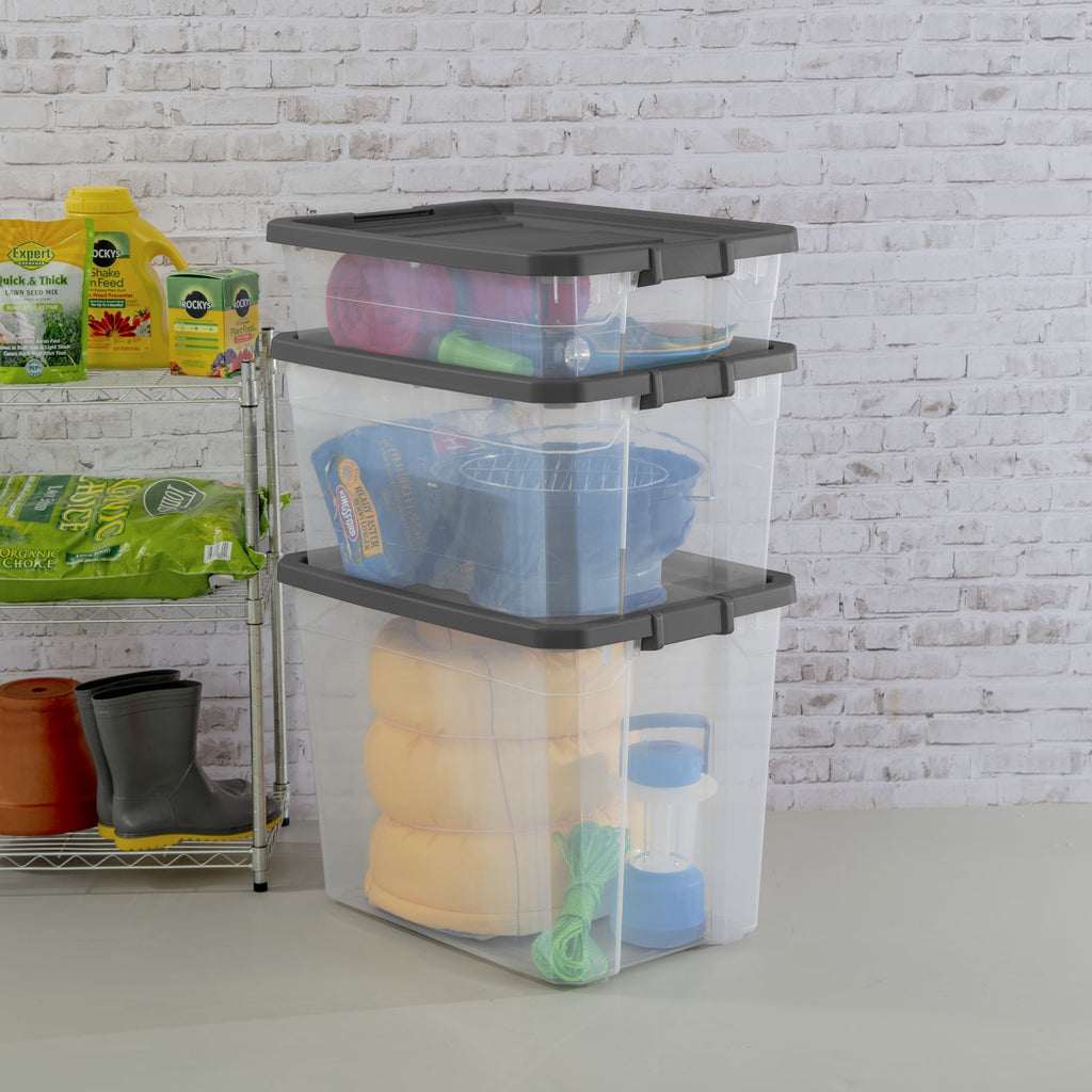 76 Quart Stacker Storage Bin, Clear Plastic Storage Container with Latch Lid, , Dark Gray