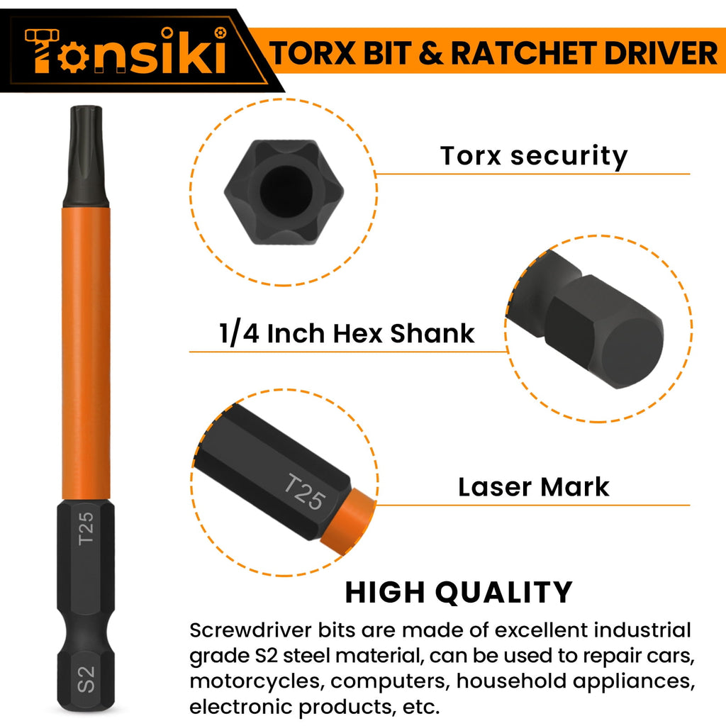 14Pcs Torx Bit Set, Tamper Proof Torx Bits with T Ratchet Screwdriver, 1/4 Hex Shank Magnetic Torx Screwdriver Sets f... - Image 3