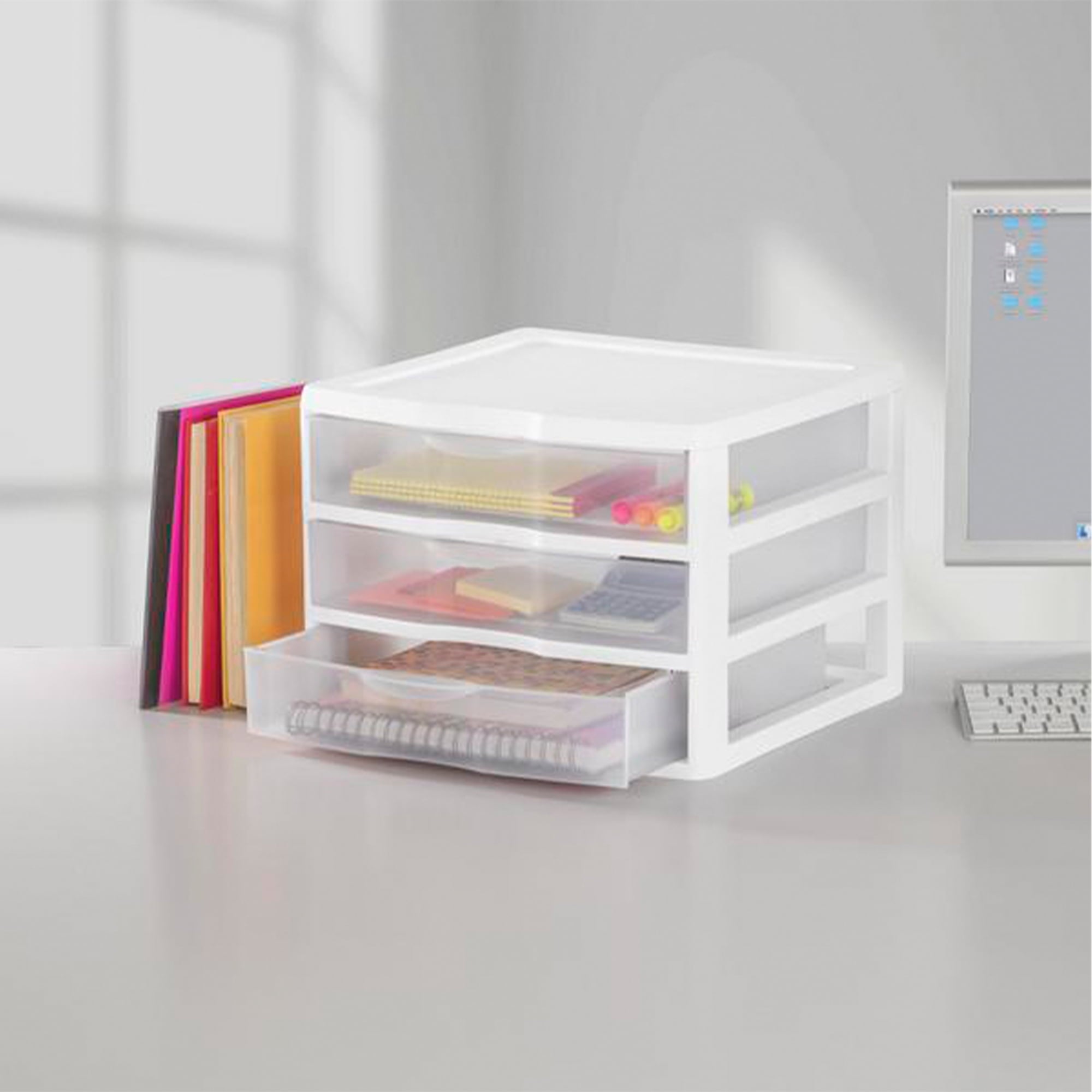 Wide 3 Drawer Unit, Clear Plastic Countertop or Desktop Drawers, White