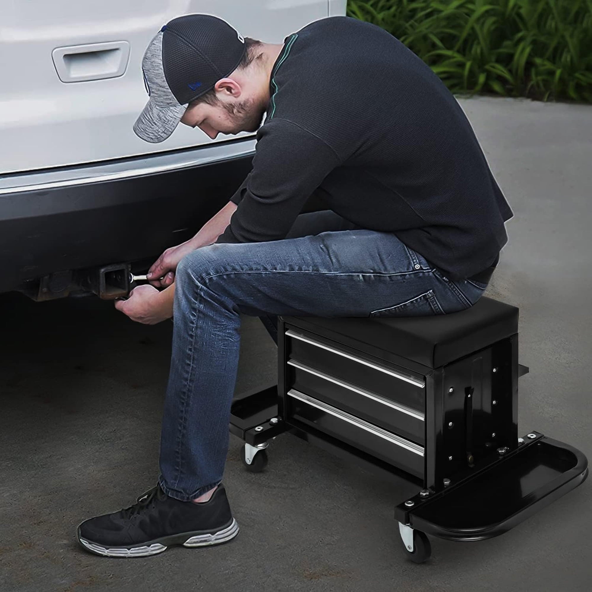 Aukfa Tool Chest Seat, Steel Rolling Tool Box with Wheels and Foldable Magnetic Storage Trays, 3-Drawers, 350LBS Capacity, Black - Image 3