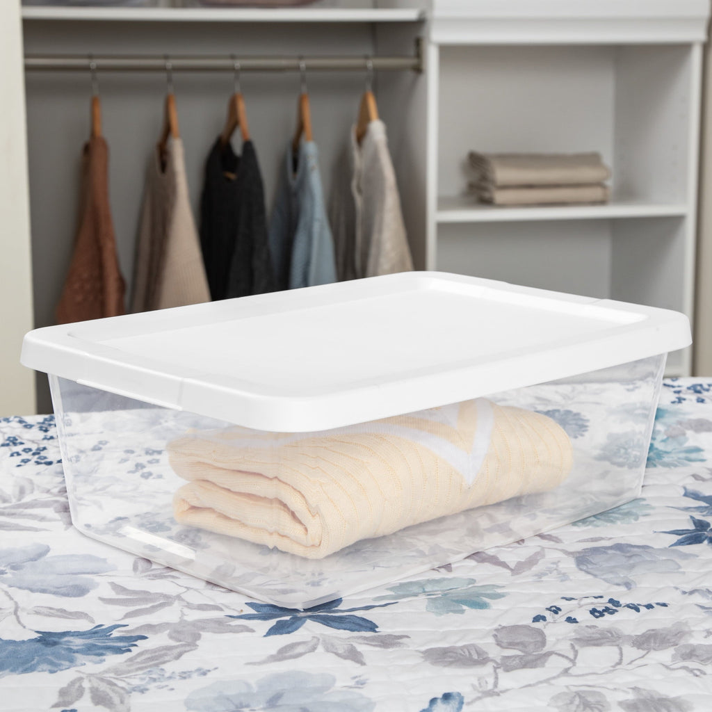 Set of (4) 12 Quart Storage Bins, Clear Plastic Storage Bin with Snap-on Lid, White