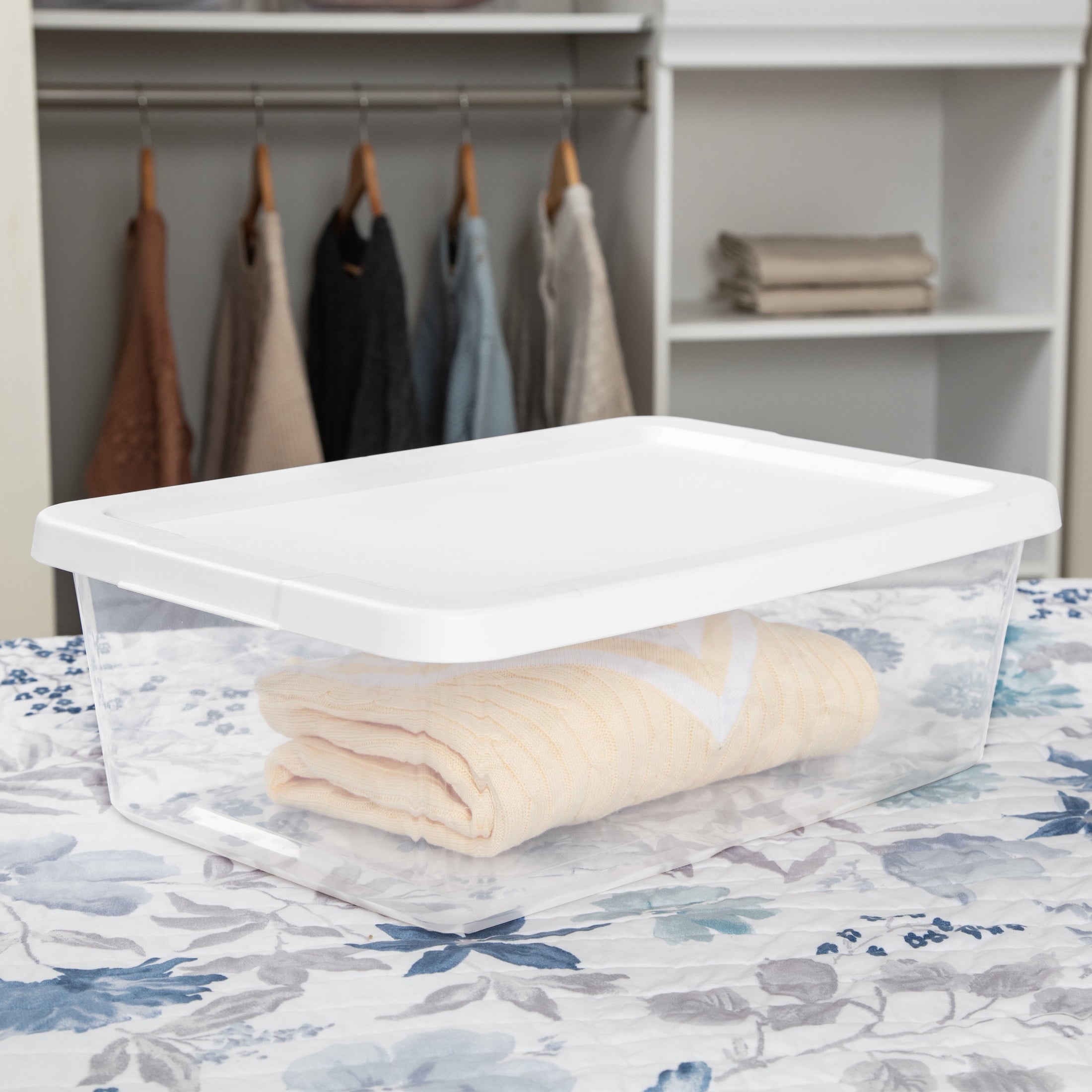 Set of (4) 12 Quart Storage Boxes, Clear Plastic Storage Bins with Snap-on Lid, White, 4 Pack