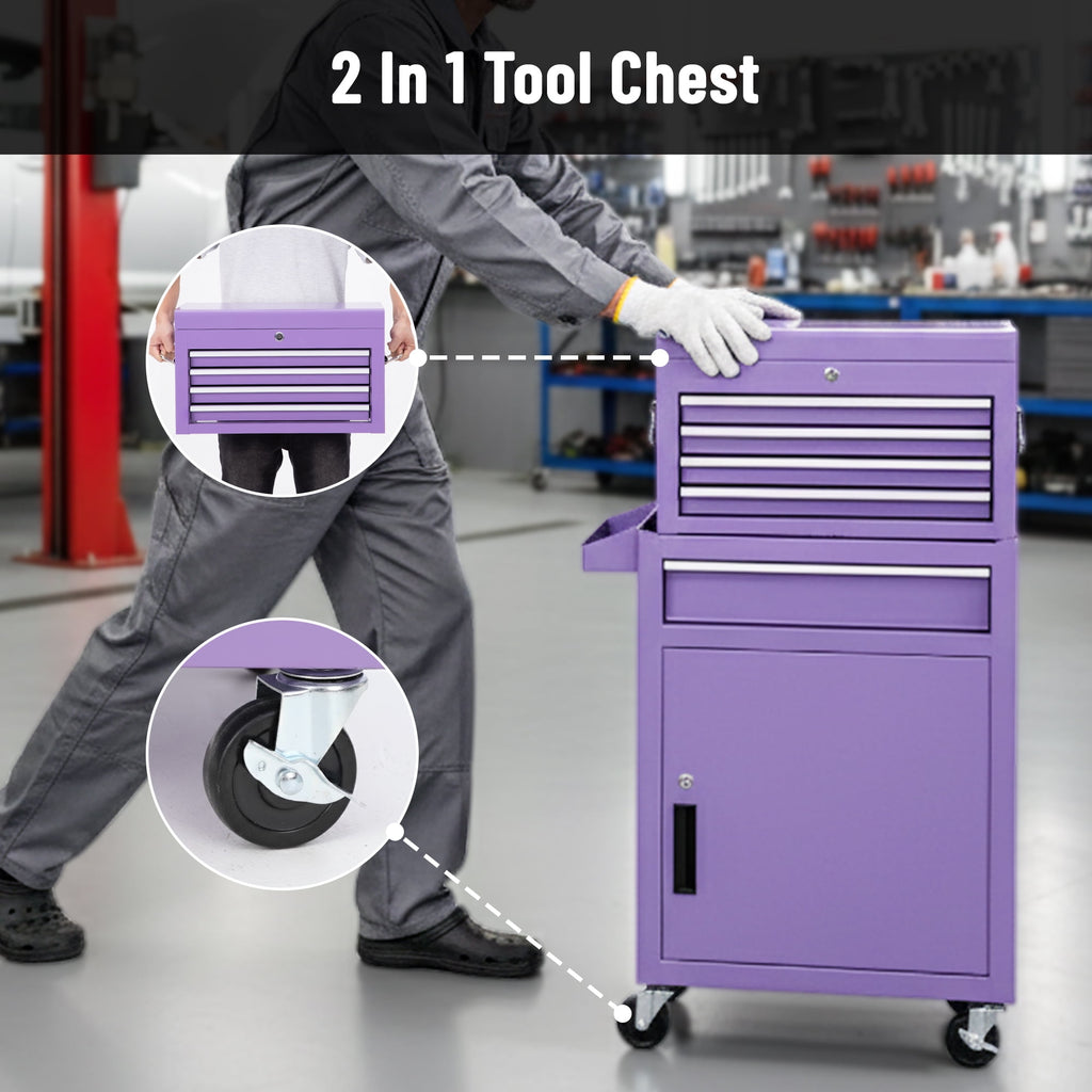 5-Drawer Tool Box, Enyopro Rolling Tool Chest, Stainless Steel Tool Box with Brake Wheels and 4 Drawers, Detachable Tool Cart, Purple - Image 5
