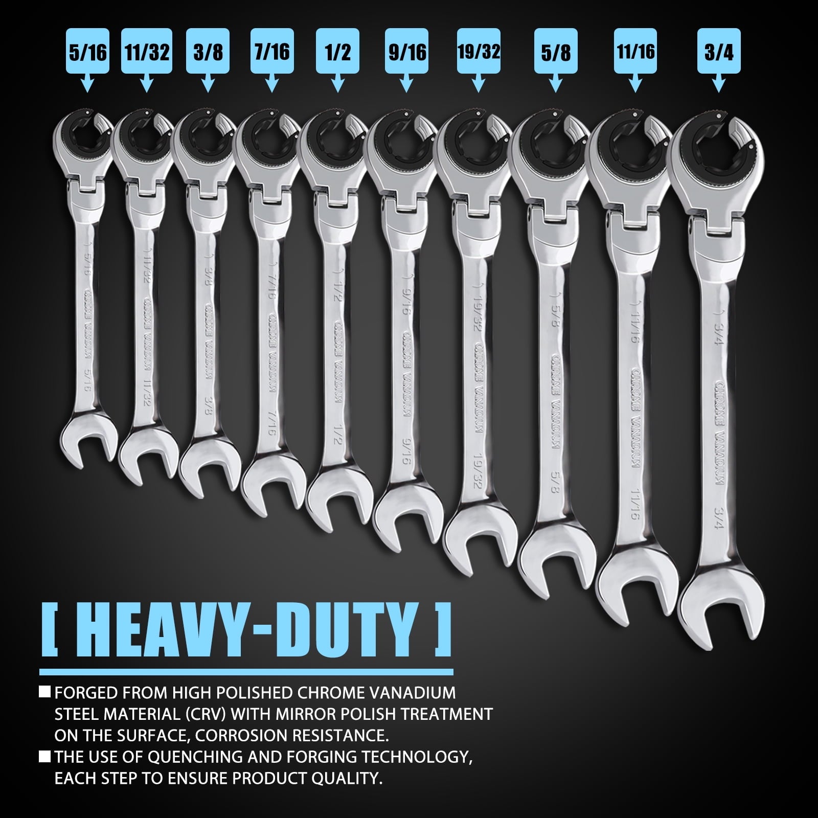 LOSCHEN SAE Flex-Head Ratcheting Wrench Combination Wrench Set 10 Pcs/Set with 72 Teeth, Chrome Vanadium Steel Tubing Ratchet SpannerUS and - Image 6