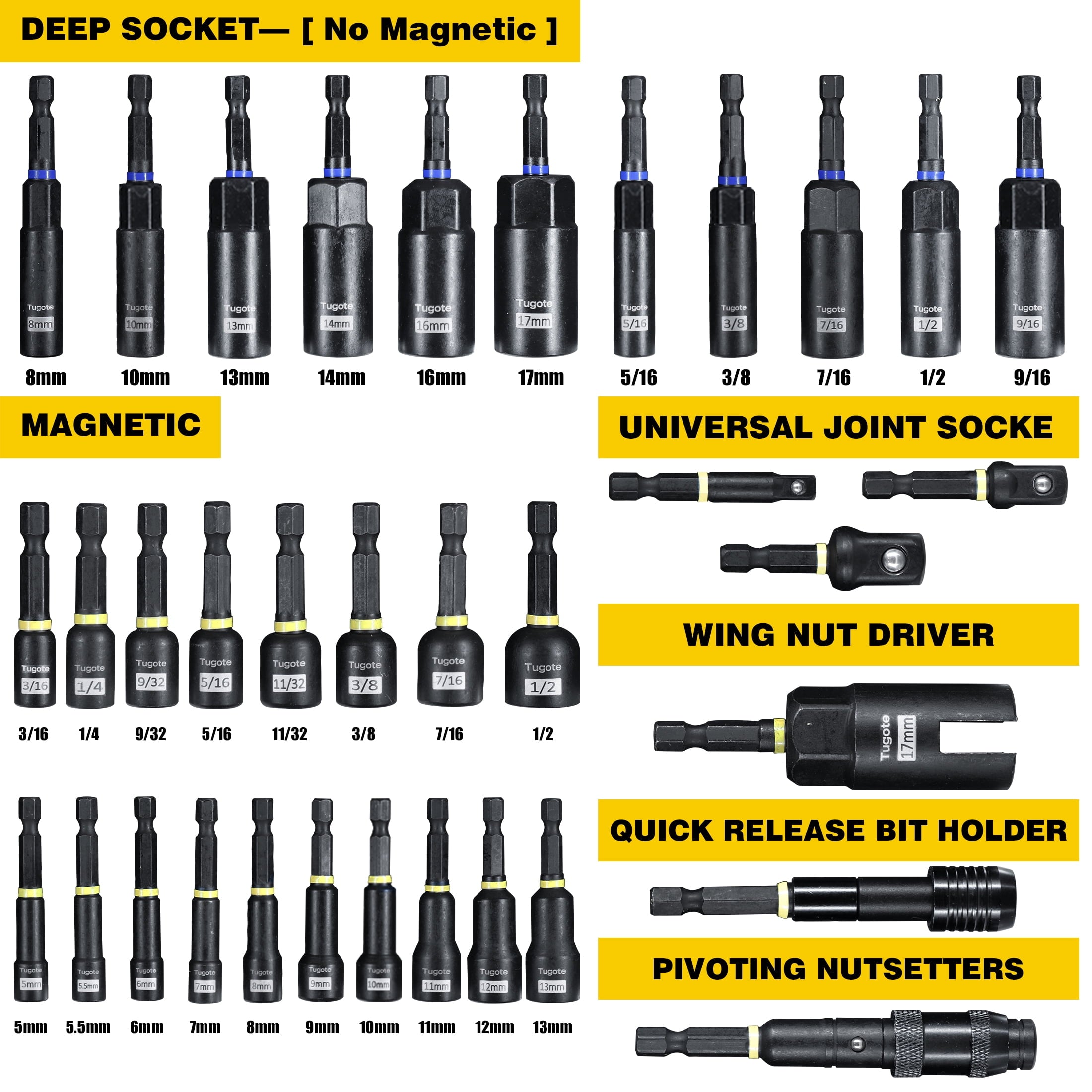 61PCS Impact Nut Driver Set - Magnetic Deep Nut Drivers for Drills, Includes Metric & SAE Socket Adapters, Wing Nut Driver, 1/4'' Quick Chan - Image 2
